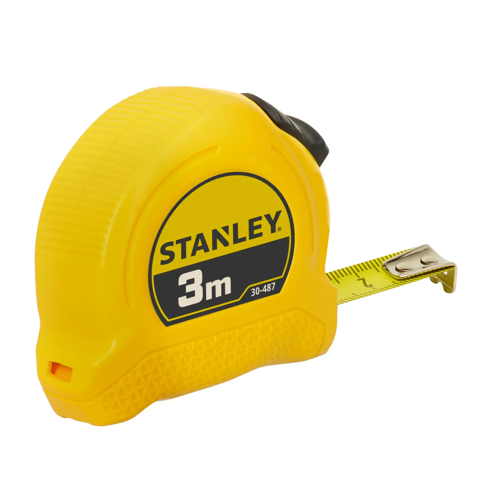 Gelbes Stanley 3m Maßband mit Metallspitze, teilweise ausgezogen. Modellnummer 0-30-487 sichtbar.