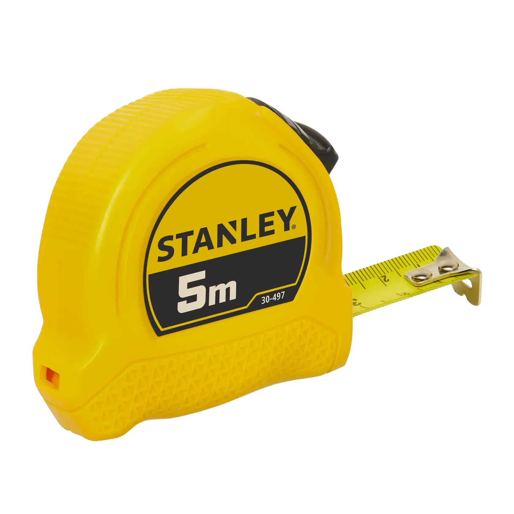 Gelbes Stanley 5m Maßband mit schwarzem Detail und teilweise ausgezogenem Band.