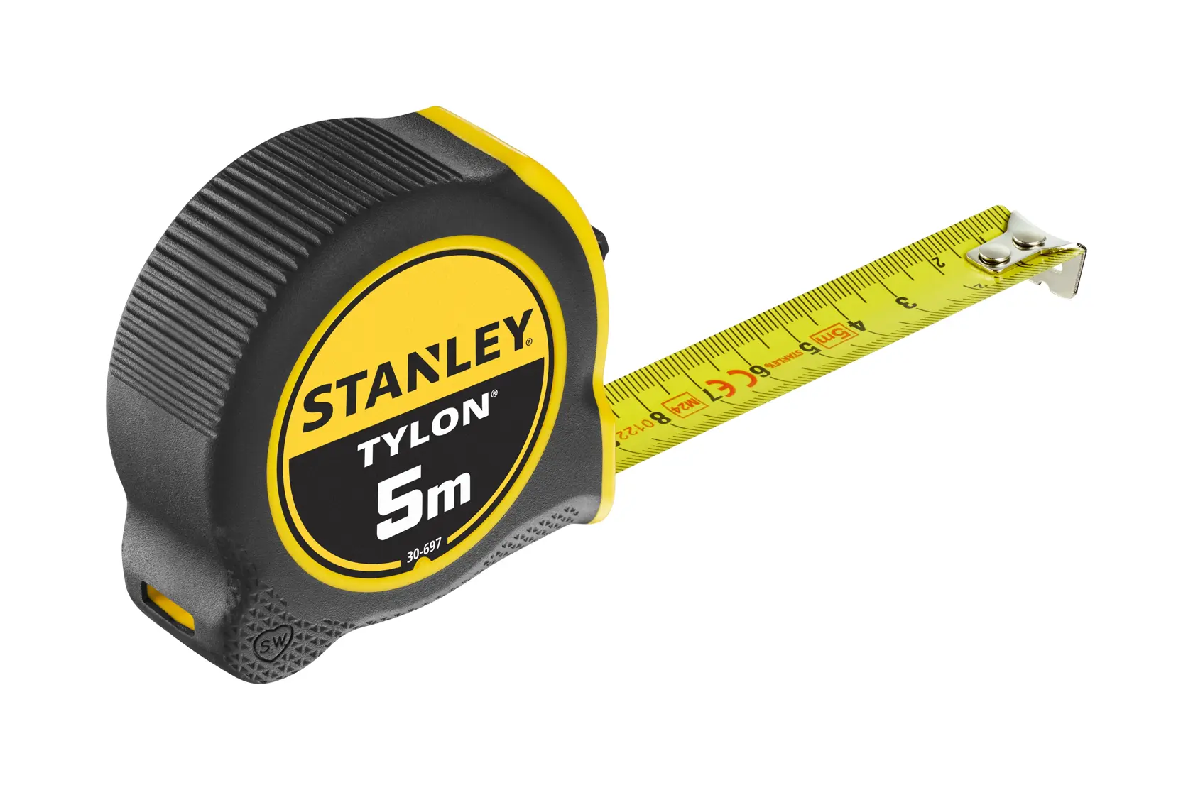 STANLEY 0-30-697 Bandmaß, Tylon 5m, schwarz-gelb, Seitenansicht, ausgezogener Band.