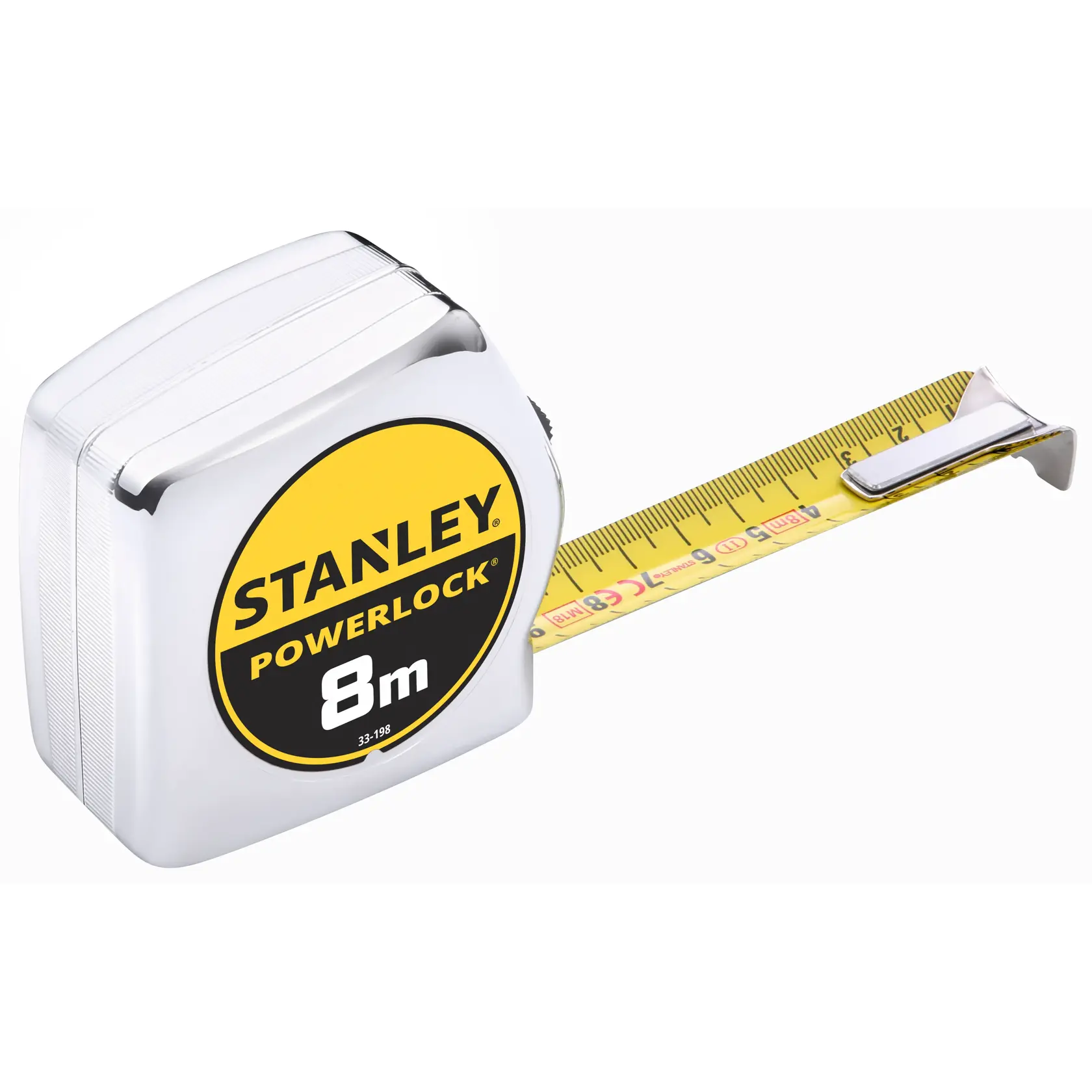 STANLEY 0-33-198 Maßband, 8 Meter, gelb und silber, ausgezogen, Frontansicht.