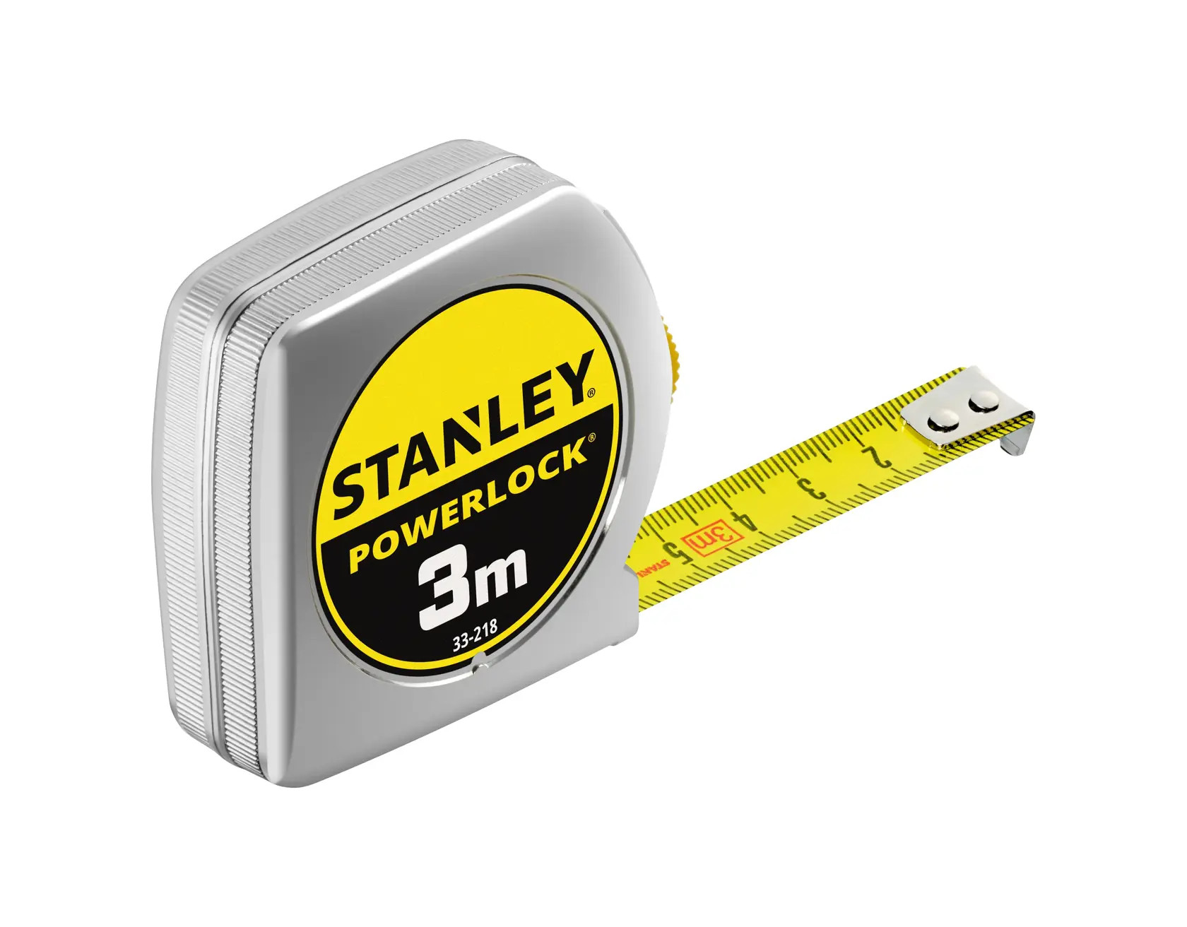 STANLEY 0-33-218 PowerLock Maßband, 3m, silbernes Gehäuse, Vorderansicht, gelbes markiertes Band