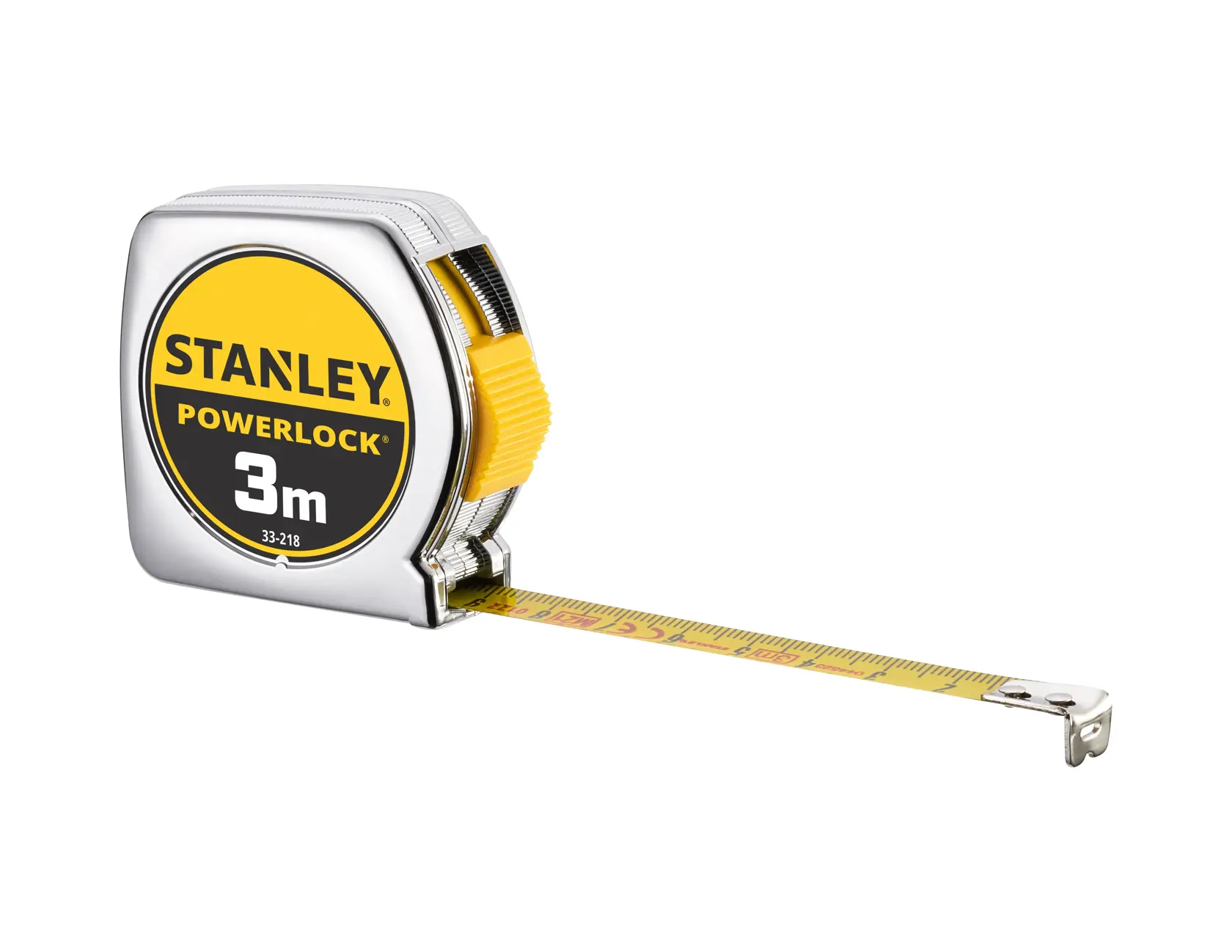STANLEY 0-33-218 Maßband, PowerLock, 3m, gelb und silber, Seitenansicht auf weißem Hintergrund.