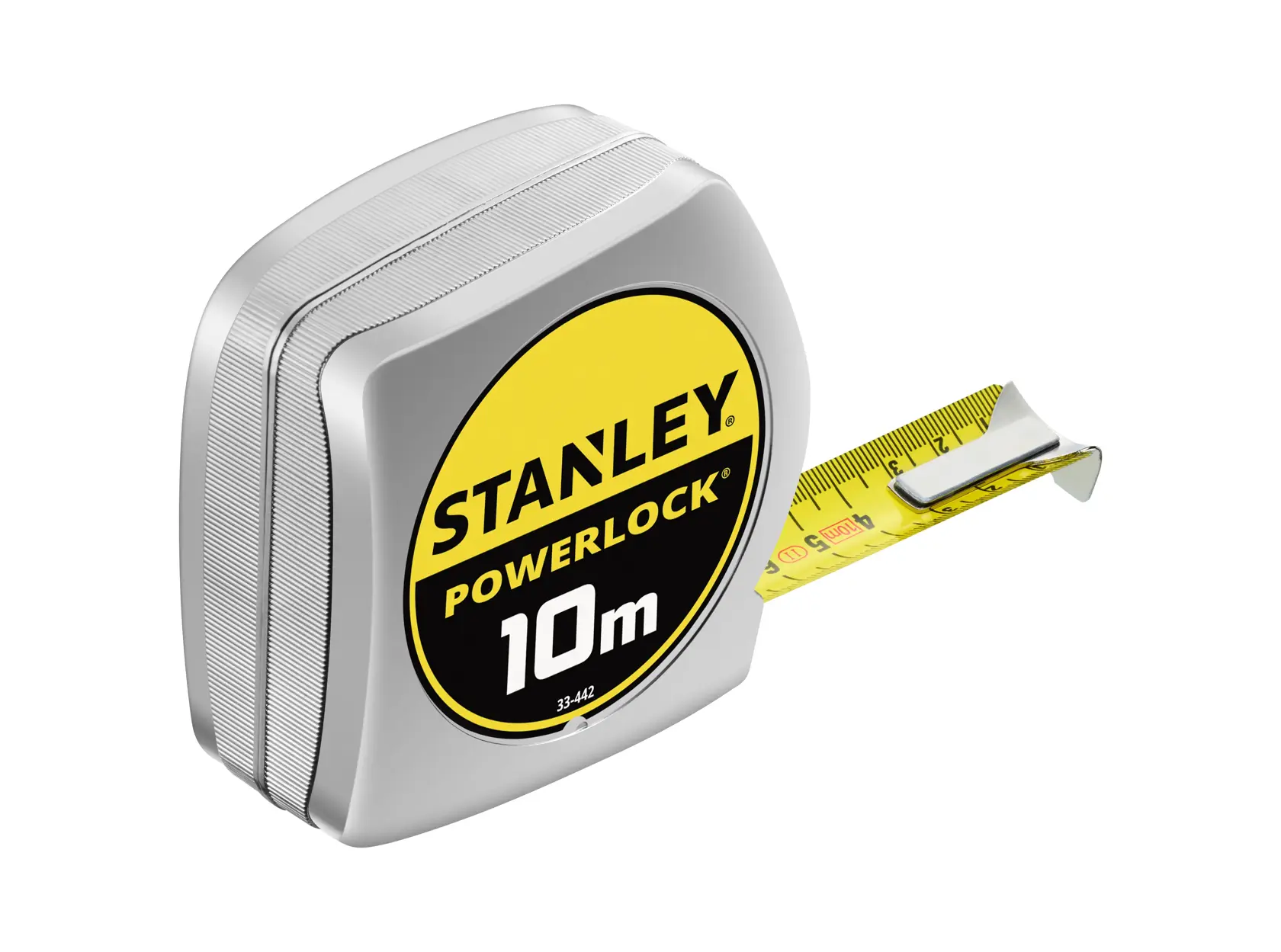 STANLEY 0-33-442 PowerLock Maßband, silbernes Gehäuse, gelbes 10m Band, Seitenansicht, weißer Hintergrund.