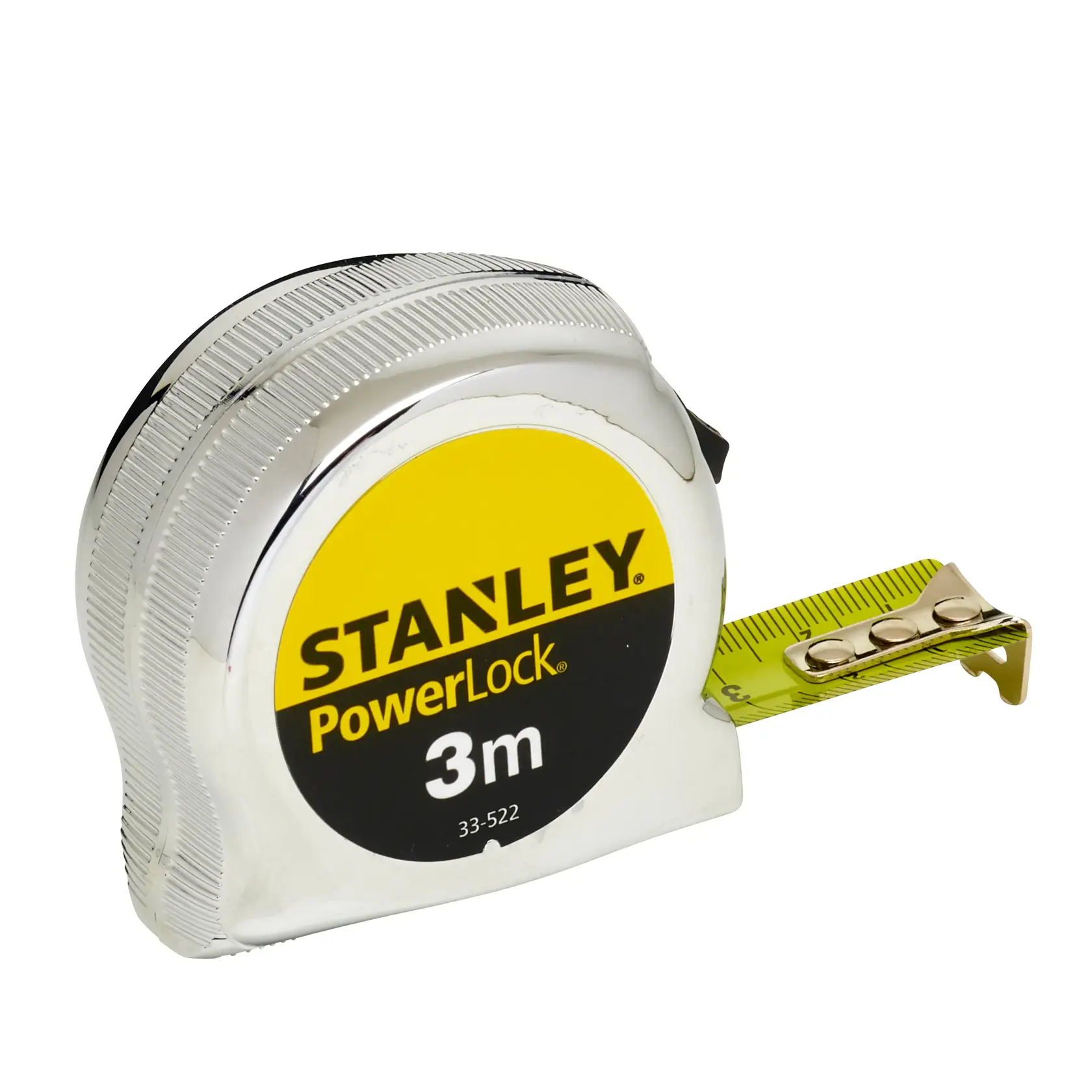 STANLEY 0-33-522 PowerLock Maßband, 3m, chrom und gelb, Vorderansicht, weißer Hintergrund.