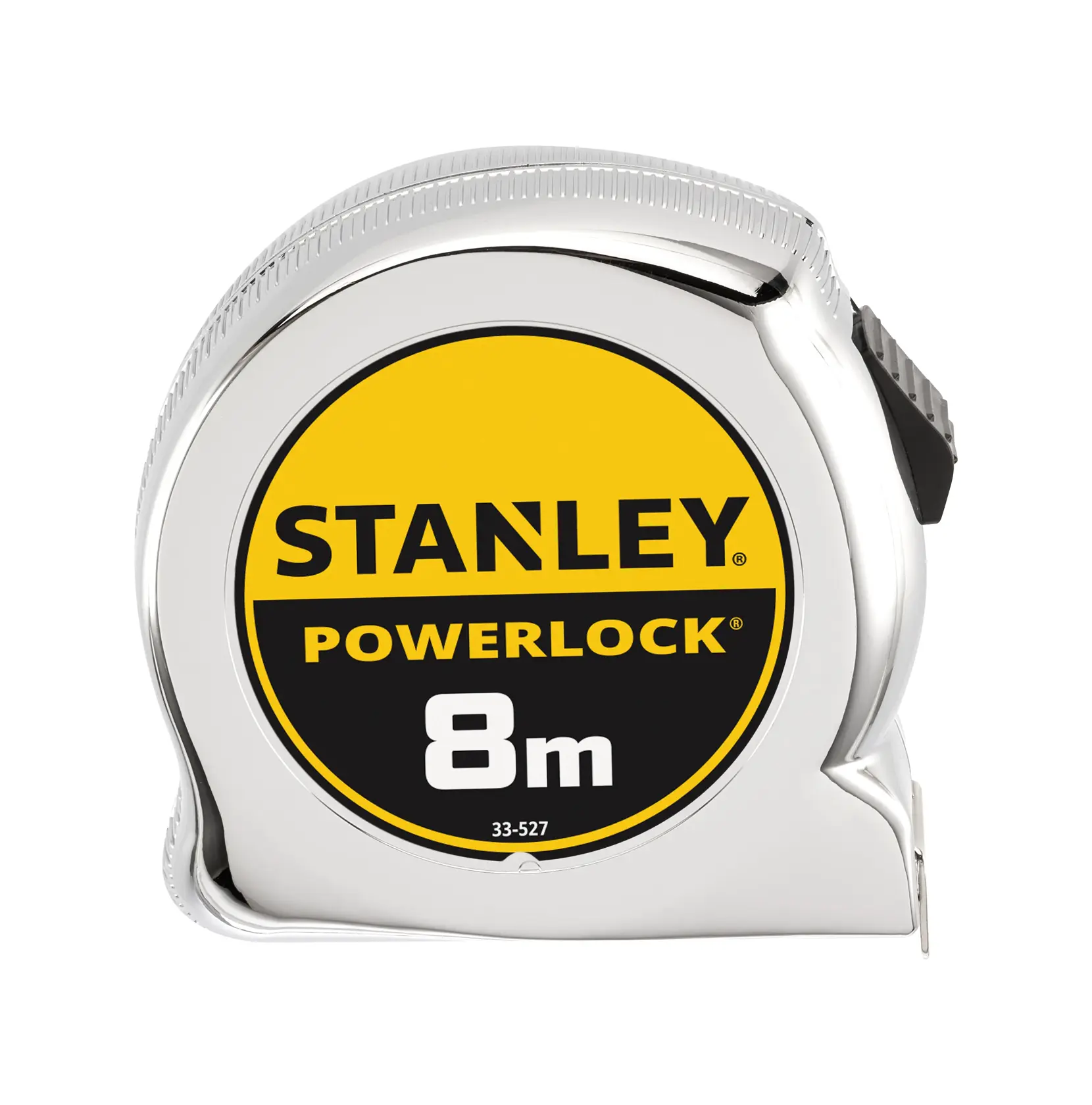 STANLEY 0-33-527 PowerLock Blade Armor 8m Maßband, Seitenansicht auf weißem Hintergrund.