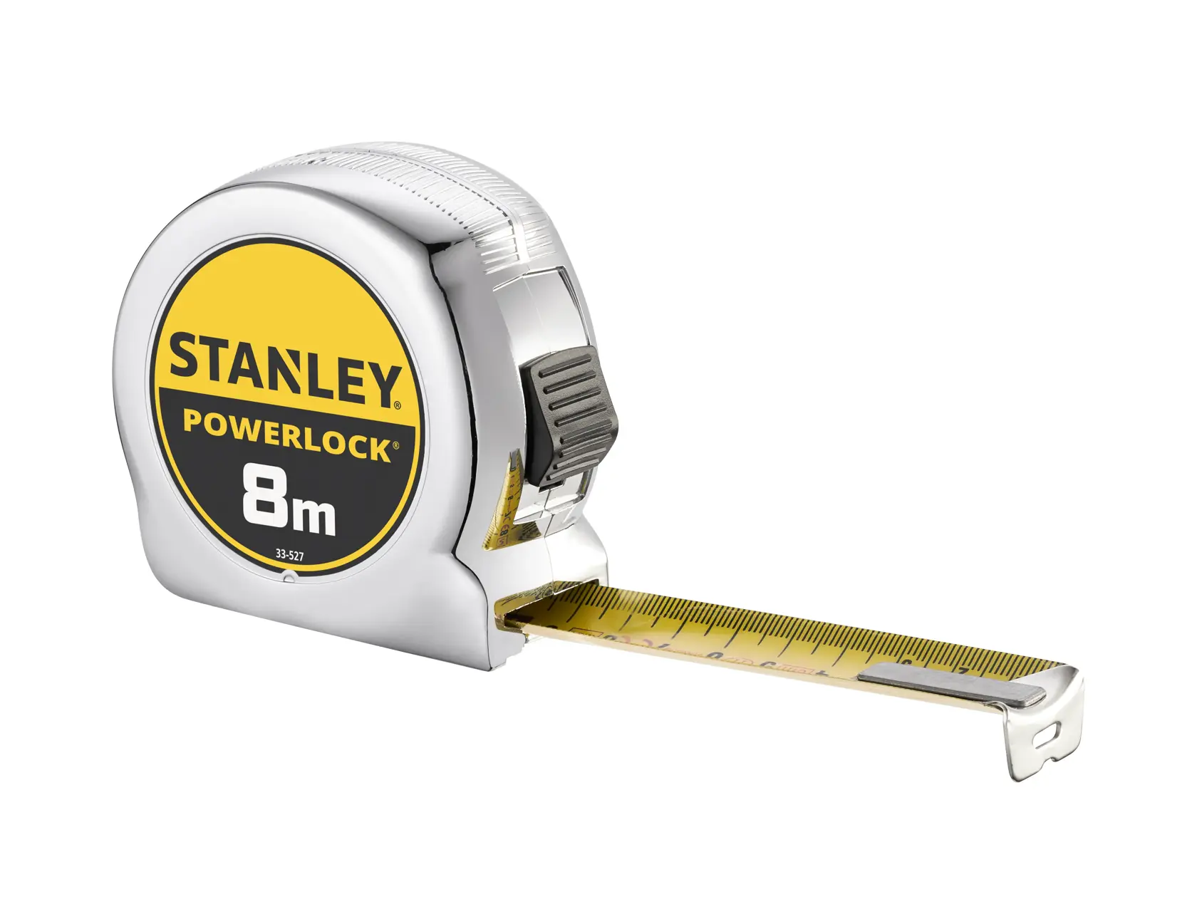 STANLEY 0-33-527 PowerLock Maßband, silber und gelb, Frontansicht, mit ausgezogenem Band.