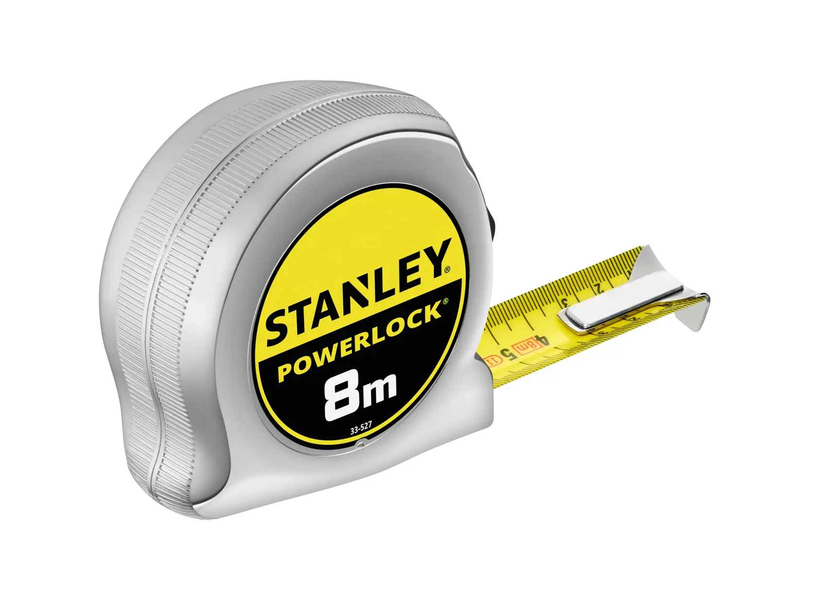 STANLEY 0-33-527 PowerLock Maßband mit Blade Armor, 8m, Seitenansicht auf weißem Hintergrund.