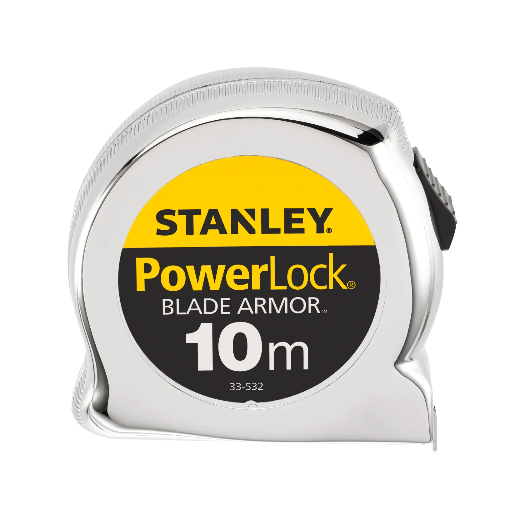 STANLEY 0-33-532 PowerLock Blade Armor 10m Maßband, Chromgehäuse, Vorderansicht, Fotografie