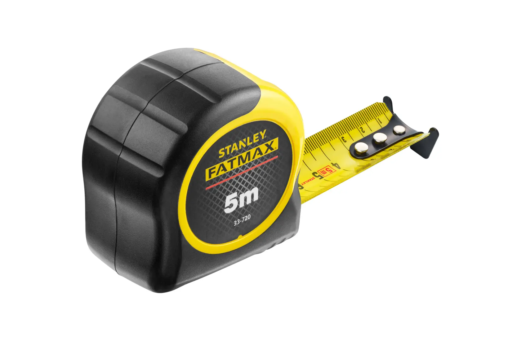 Stanley 0-33-720 FATMAX 5m Maßband, gelb und schwarz, Seitenansicht auf weißem Hintergrund.