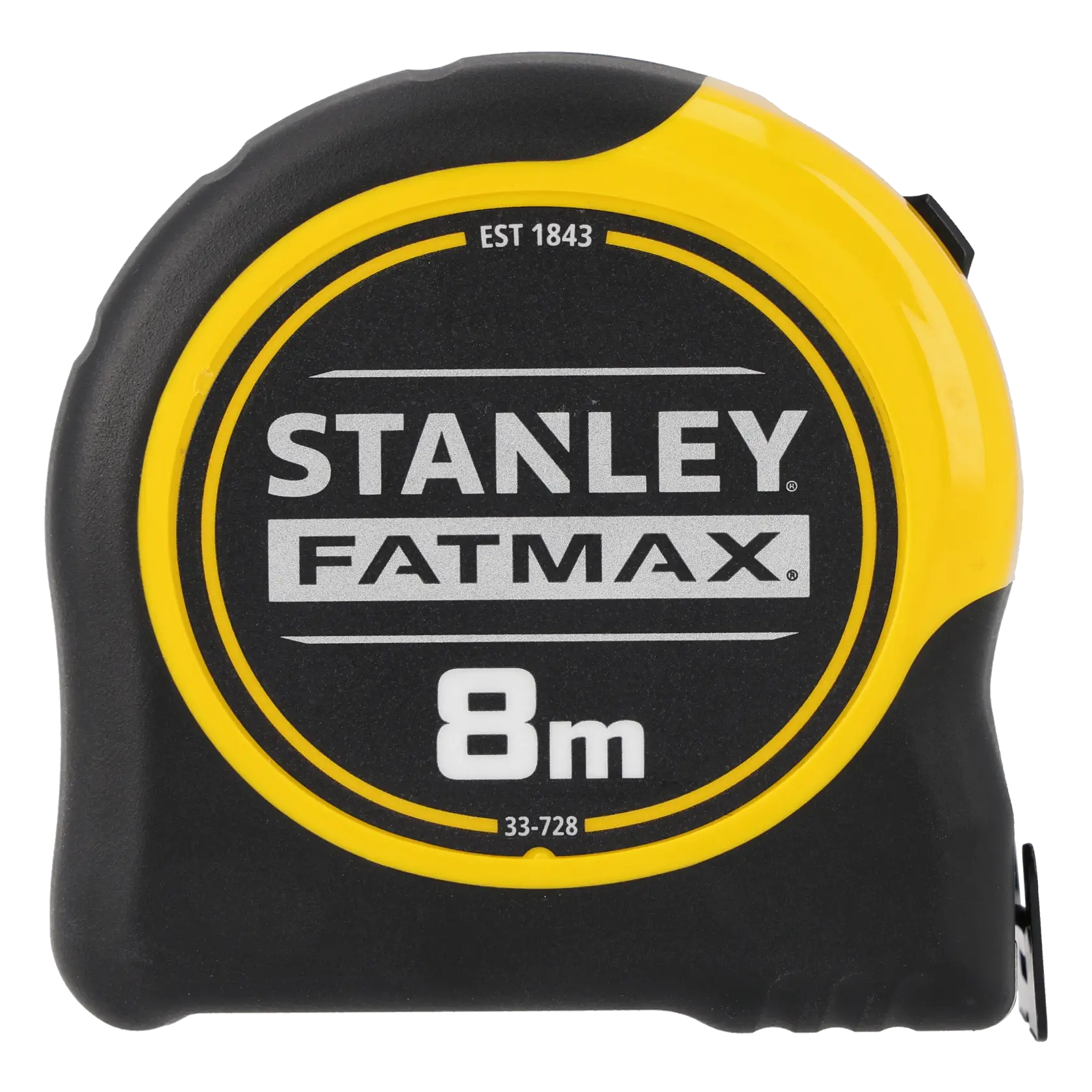Stanley 0-33-728 Maßband, FATMAX Serie, schwarz-gelbes Gehäuse, Vorderansicht, 8 Meter Länge.