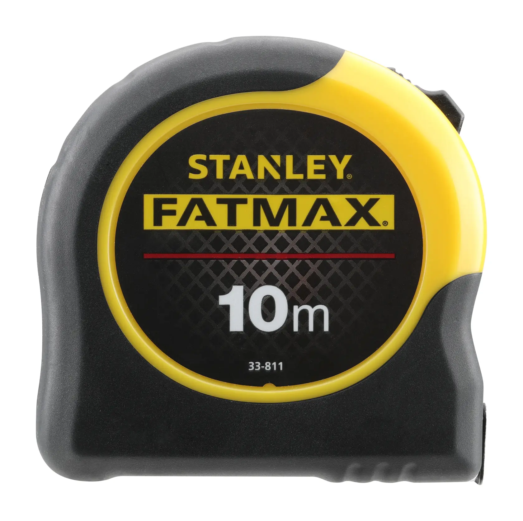 STANLEY 0-33-811 FATMAX 10m Maßband, Gehäuse in Schwarz und Gelb, Vorderansicht, weißer Hintergrund.