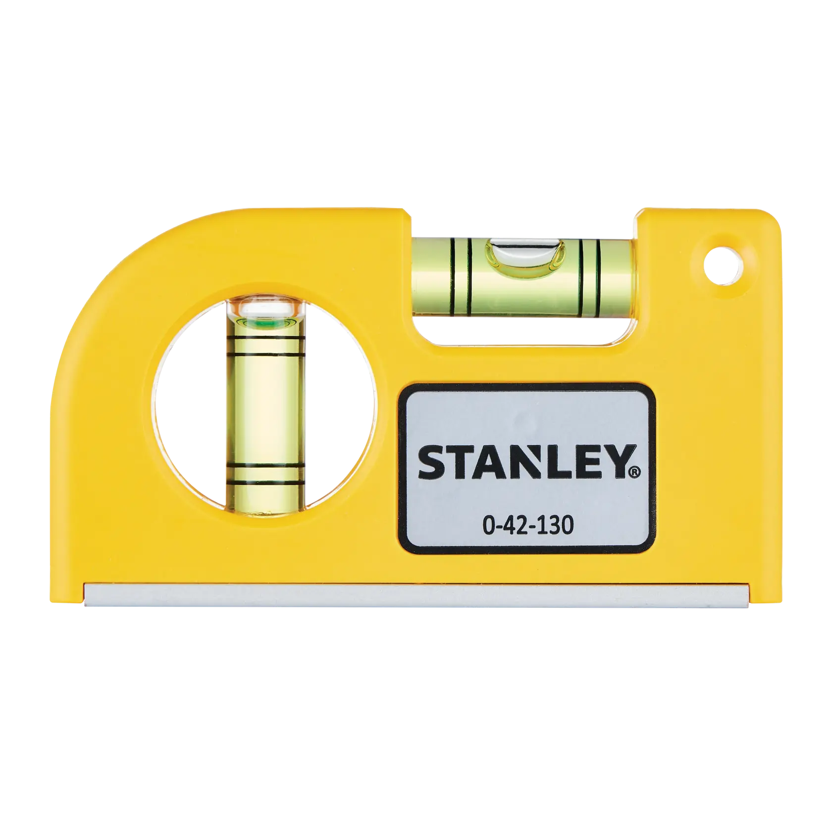 Stanley 0-42-130 gelbe Wasserwaage, Vorderansicht, kompaktes Design mit horizontalen und vertikalen Libellen.