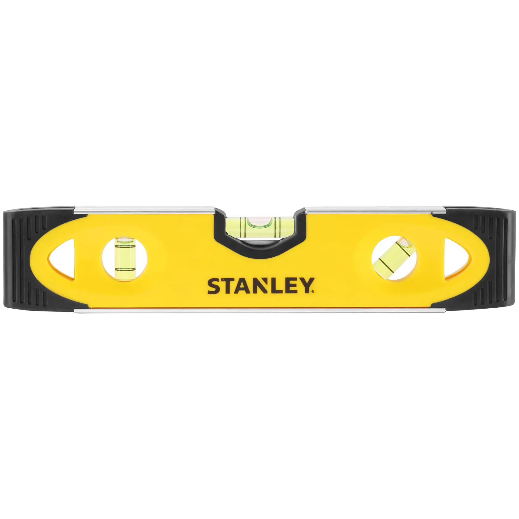Stanley gelbe Wasserwaage mit drei Libellen und schwarzen Enden zum Messen gerader Linien.