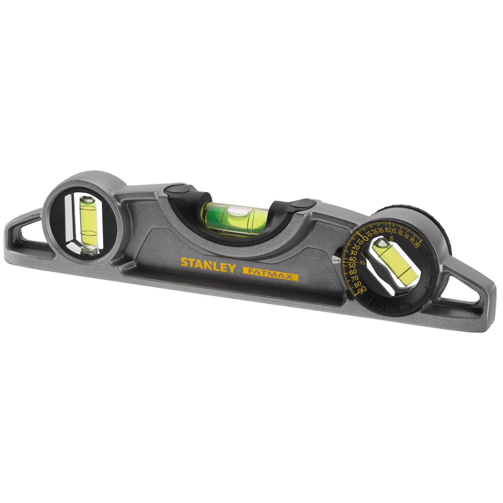 Foto der STANLEY 0-43-609 Wasserwaage mit drei Libellen, graues Gehäuse, FATMAX-Aufdruck, schräge Ansicht.