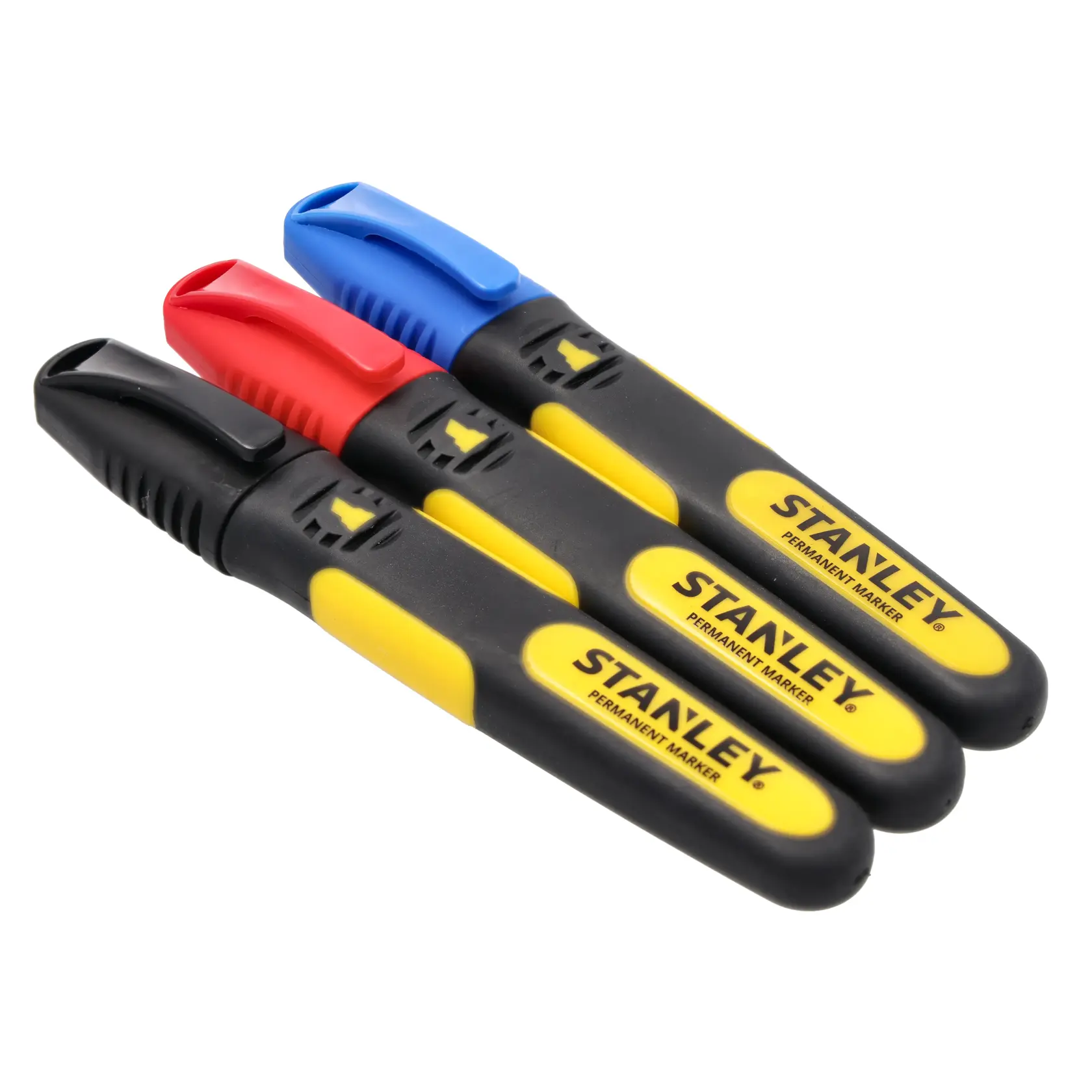 STANLEY 0-47-315 Permanentmarker-Set, schwarz-gelber Körper, rote, blaue und schwarze Kappen, schräge Ansicht.