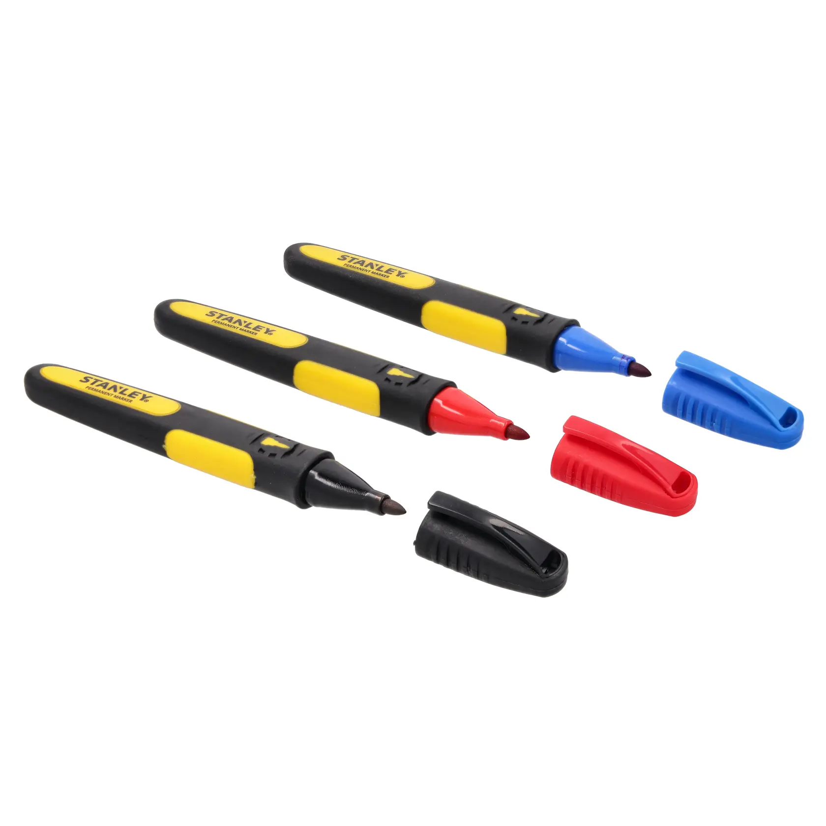 STANLEY 0-47-322 Set mit drei Markern, schwarz, rot und blau, mit Kappen, Schrägansicht auf weißem Hintergrund.