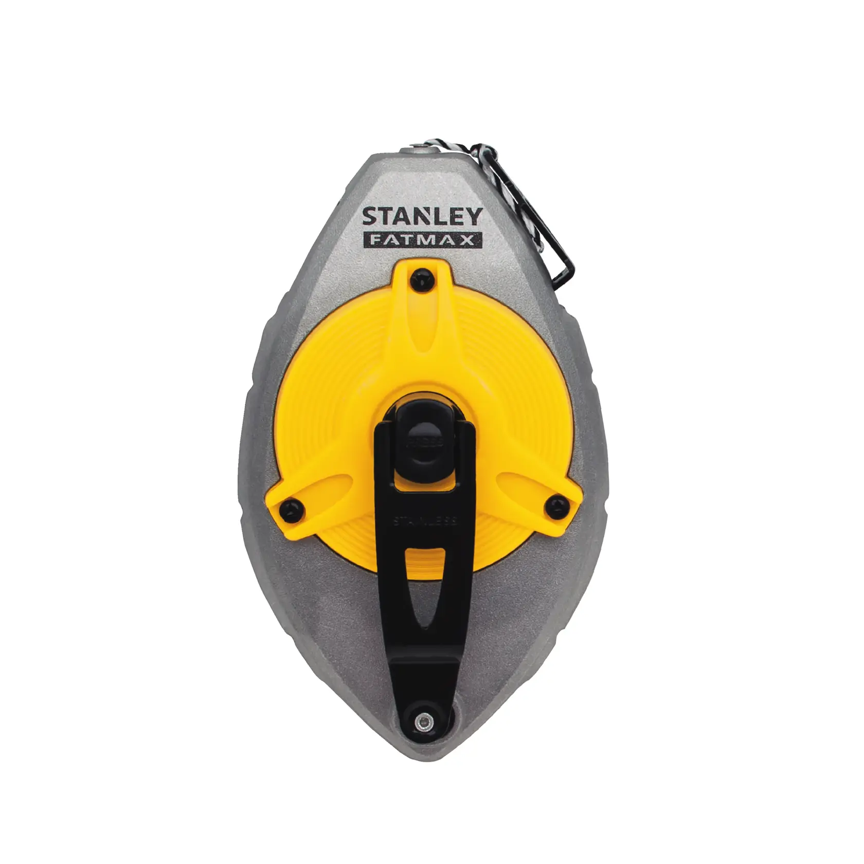 Stanley 0-47-480 Markierungs-Schnurrolle, FATMAX Serie, grau und gelb, Vorderansicht, weißer Hintergrund.