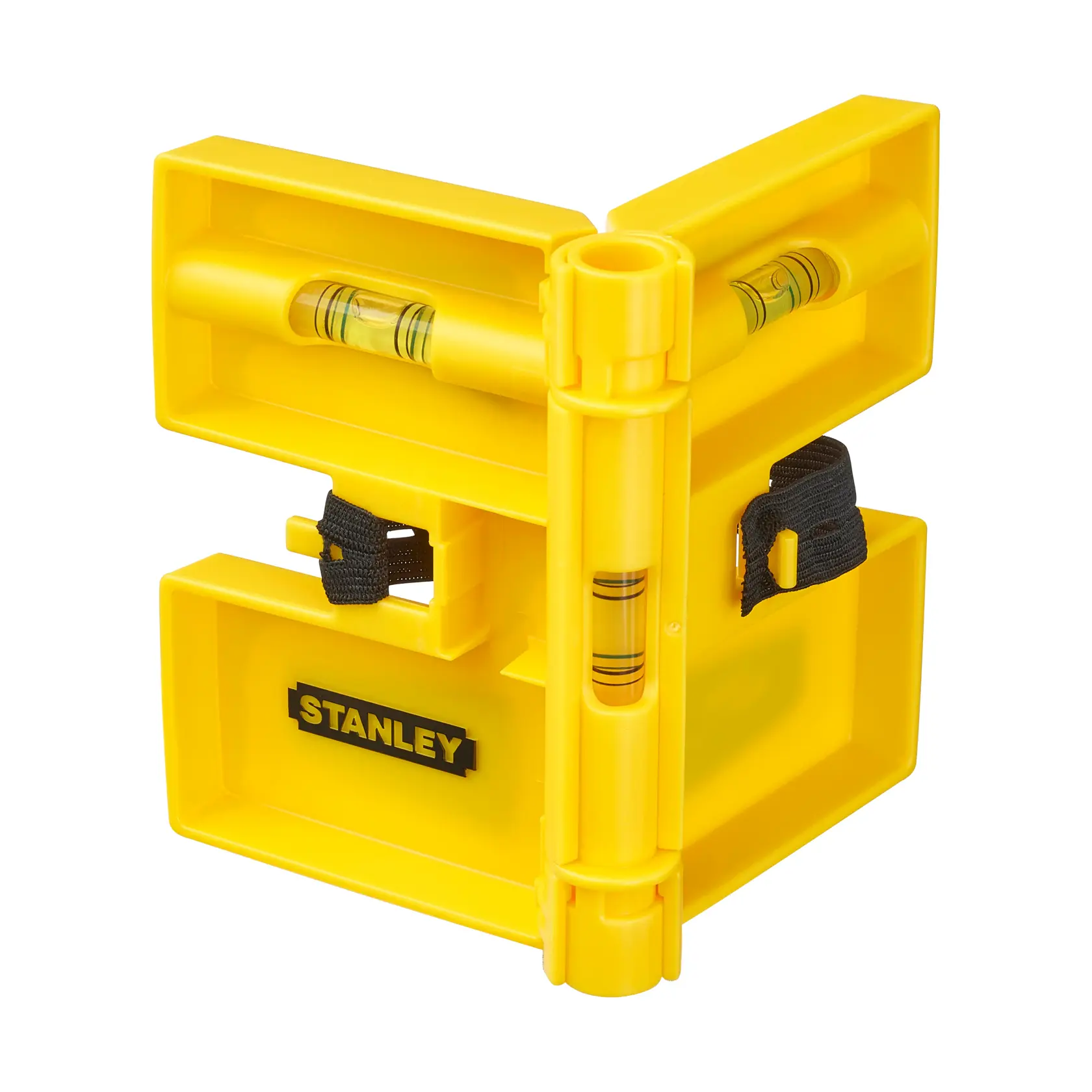 STANLEY 0-47-720 gelbe Eckwasserwaage mit drei Libellen, weißer Hintergrund, Vorderansicht.