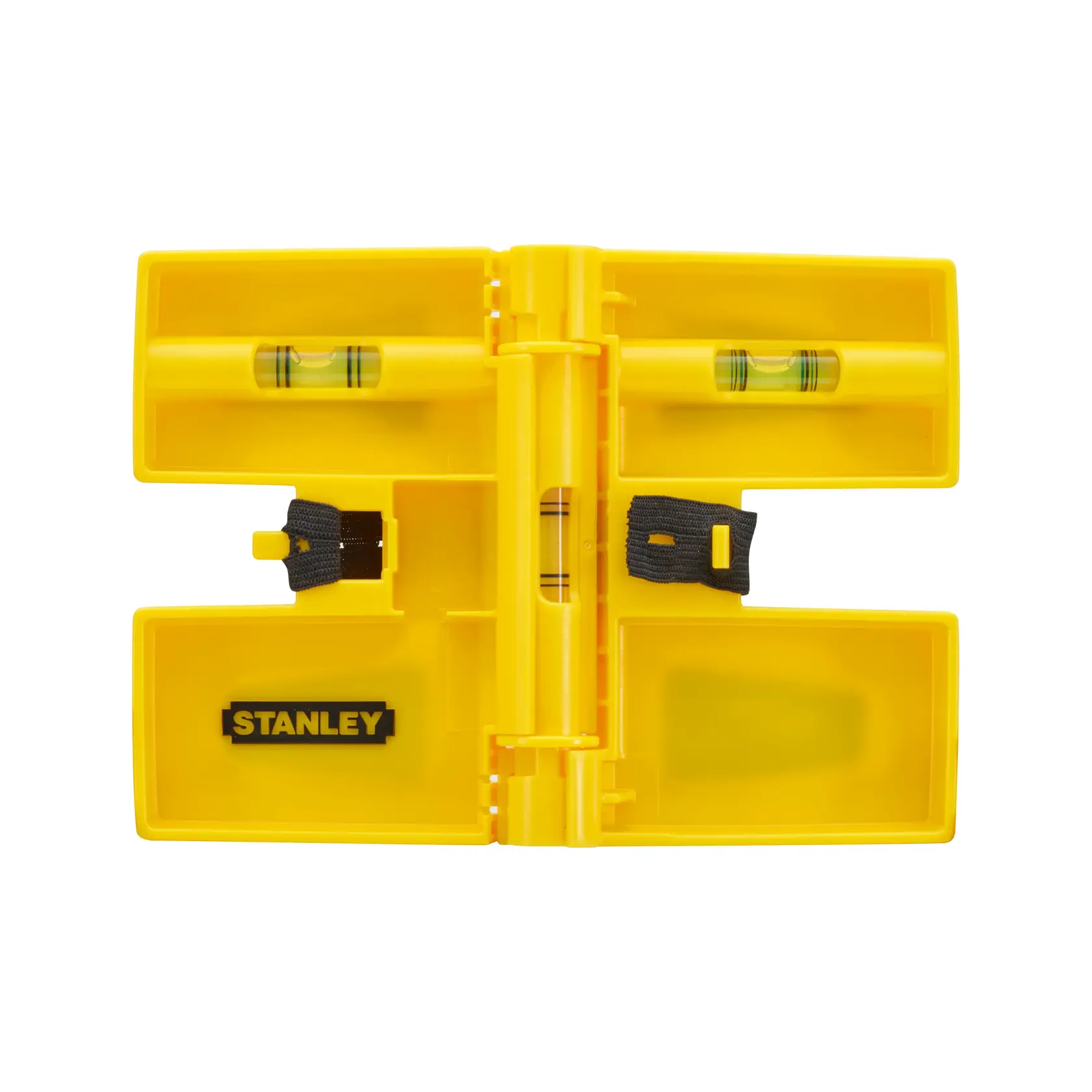 STANLEY 0-47-720 gelbe Kunststoff-Linienwasserwaagen-Box, offen, mit zwei Libellen, Ansicht von oben.