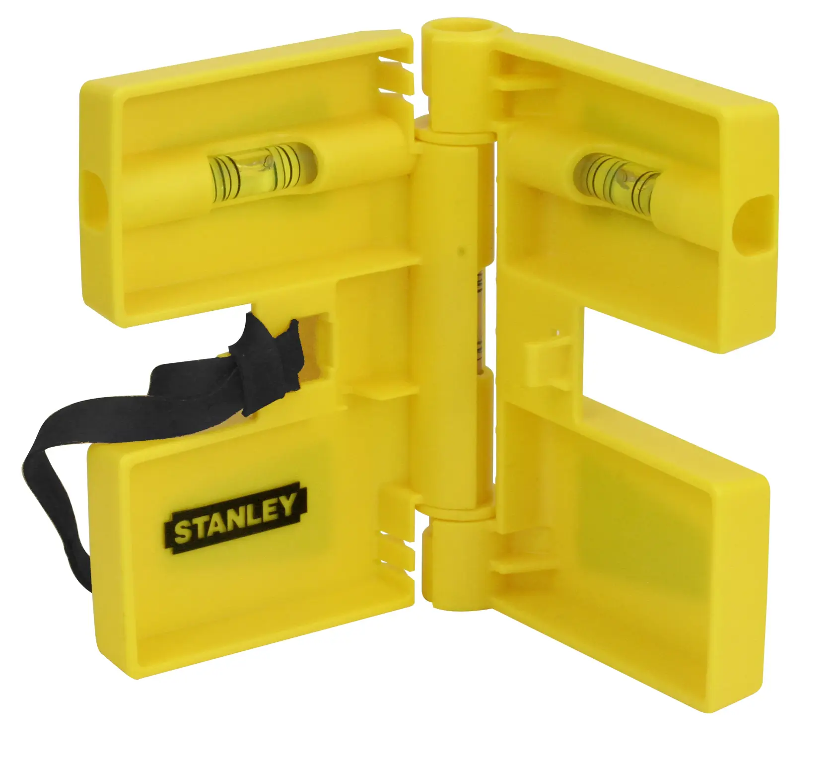 Gelbe Stanley-Eckwasserwaage mit zwei Röhren und Scharnier, für präzise Messungen bei Fotografie-Einstellungen.