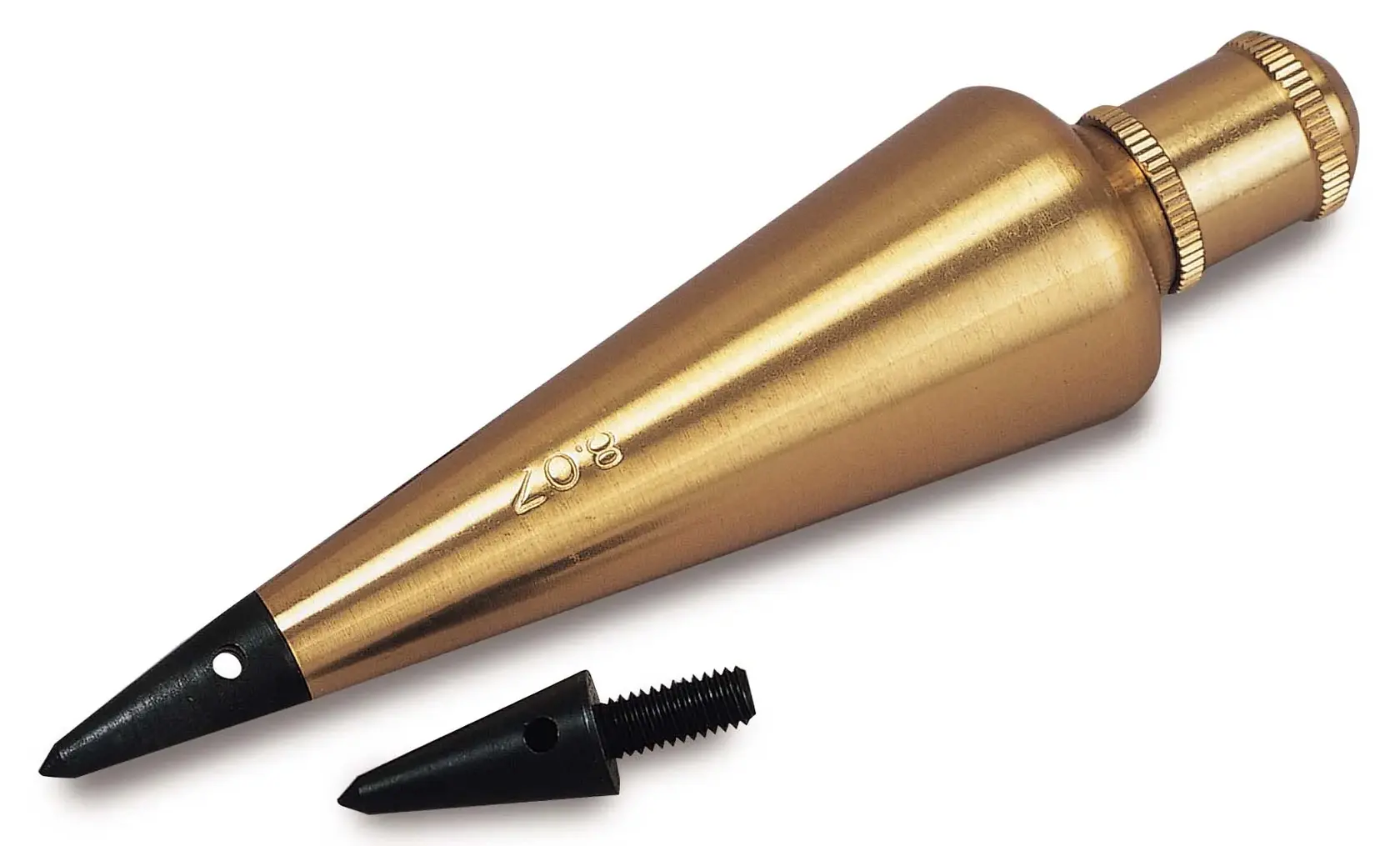 STANLEY 0-47-973 Messing-Lot mit schwarzer Spitze und Ersatzspitze, Seitenansicht auf weißem Hintergrund.