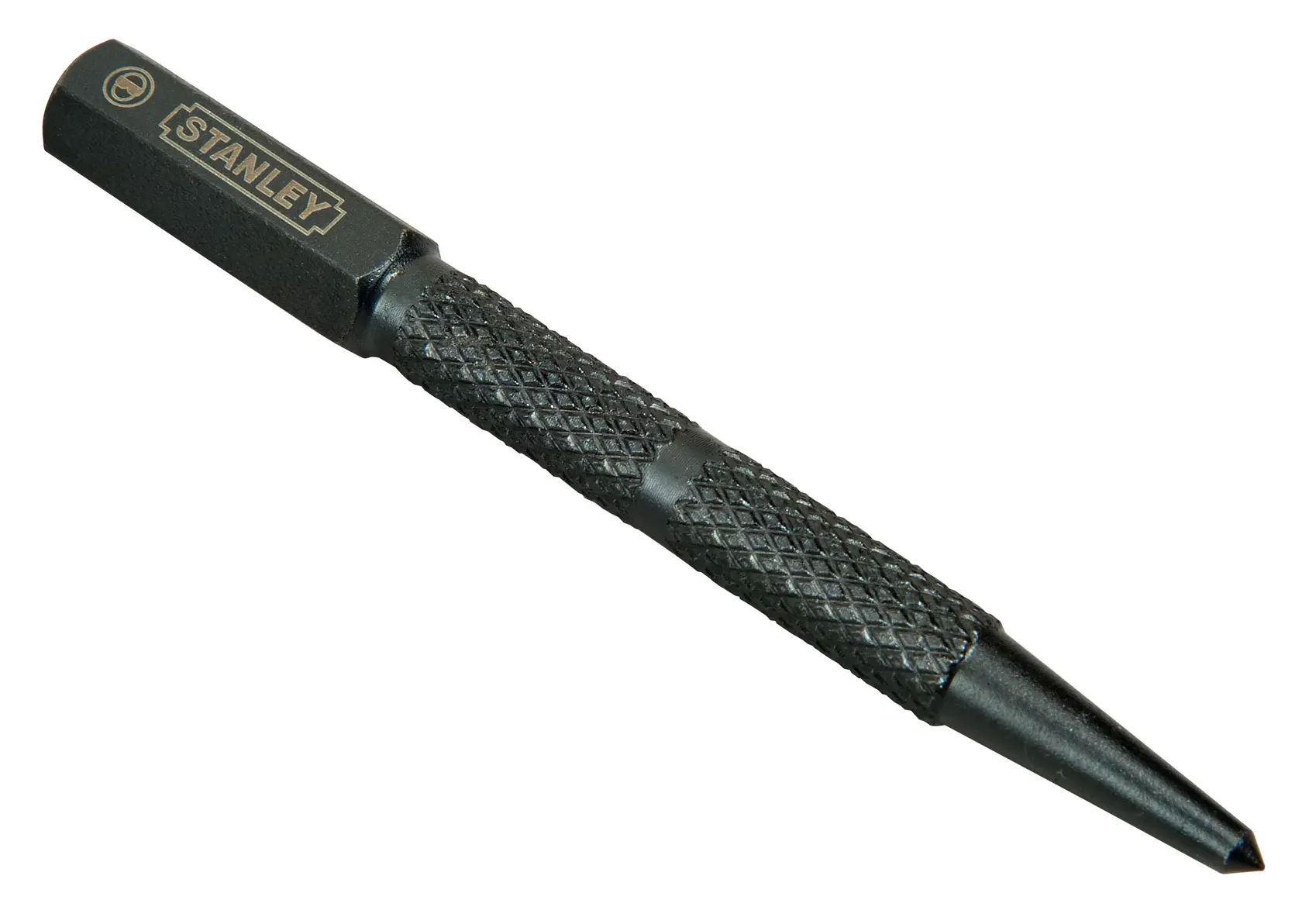STANLEY 0-58-120 schwarzer Stahl-Zentrierkörner mit strukturiertem Griff, Seitenansicht auf weißem Hintergrund.