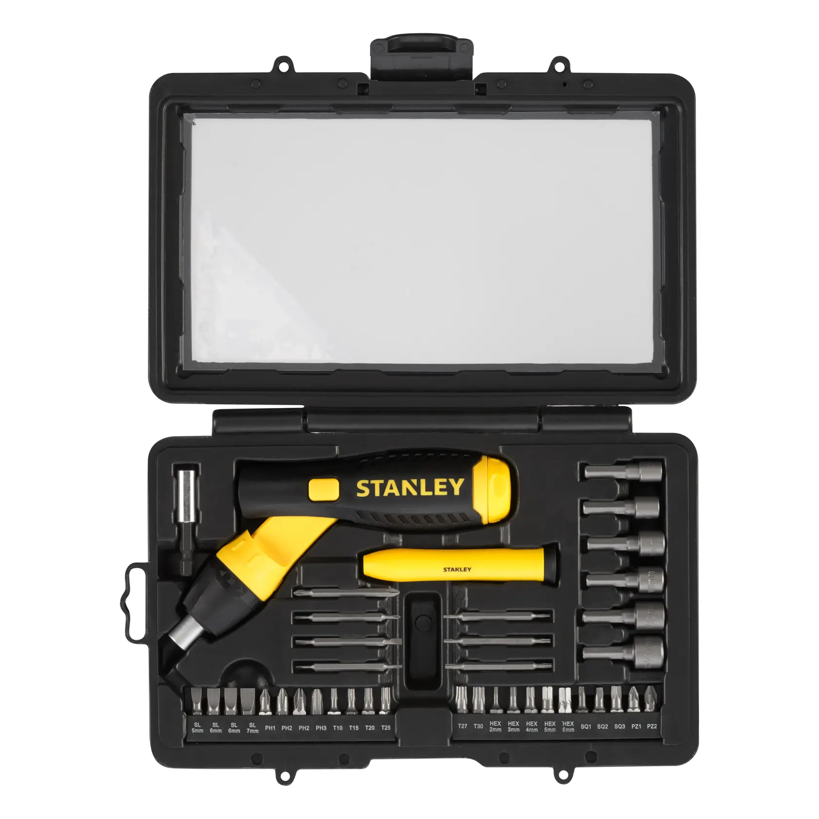 STANLEY 0-63-038 Schraubendreher- und Bit-Set in Schwarz und Gelb mit Ratschenhandgriff und mehreren Bits, Draufsicht.