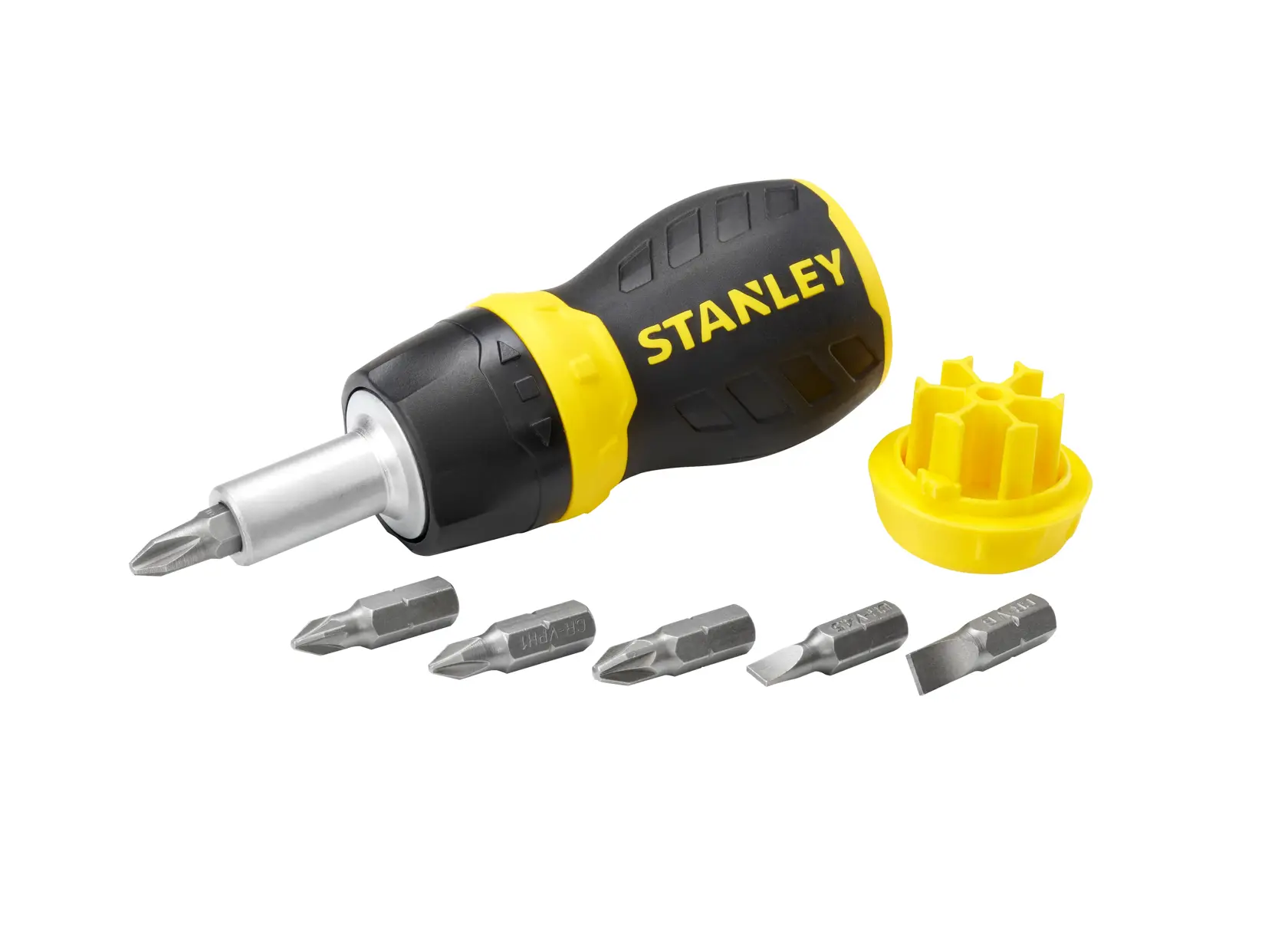 STANLEY 0-66-358 Schraubendreher mit gelb-schwarzem Griff, sechs auswechselbaren Bits und Bithalter, Frontalansicht.