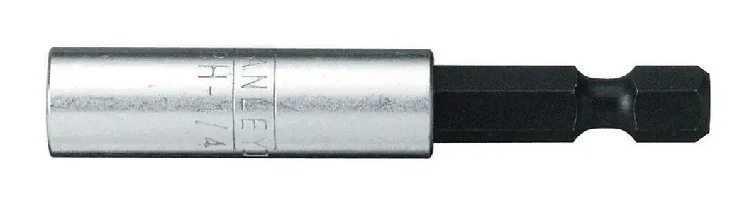 STANLEY 0-68-732 magnetischer Bithalter mit Sechskantschaft, silber und schwarz, Seitenansicht auf weißem Hintergrund.