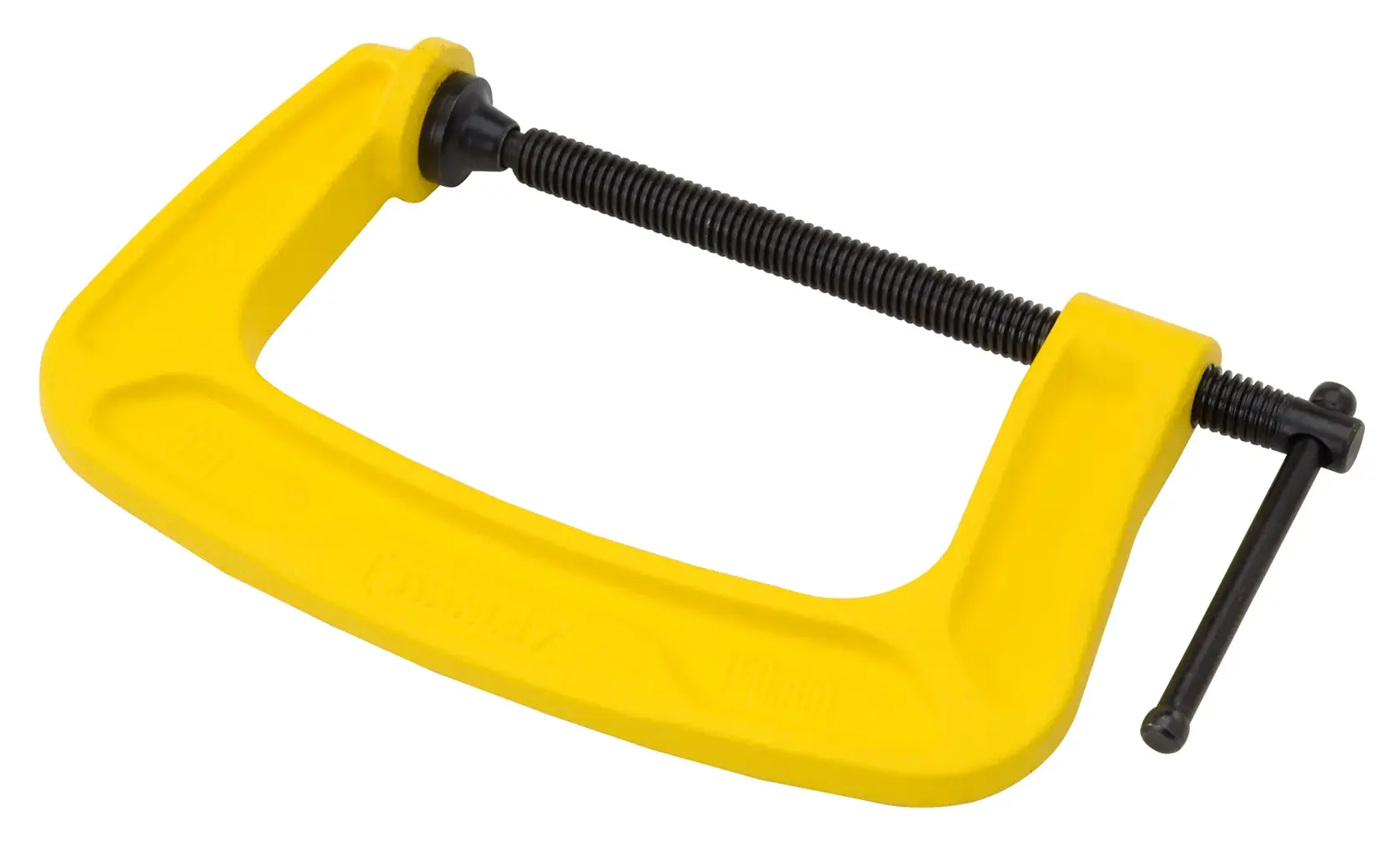 STANLEY 0-83-035 gelbe C-Schraubzwinge mit schwarzer Schraube, Seitenansicht, Klemmwerkzeug.