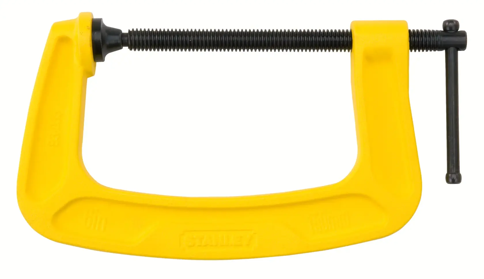 Yellow STANLEY C-clamp with black screw, used for holding objects securely in woodworking or repairs.