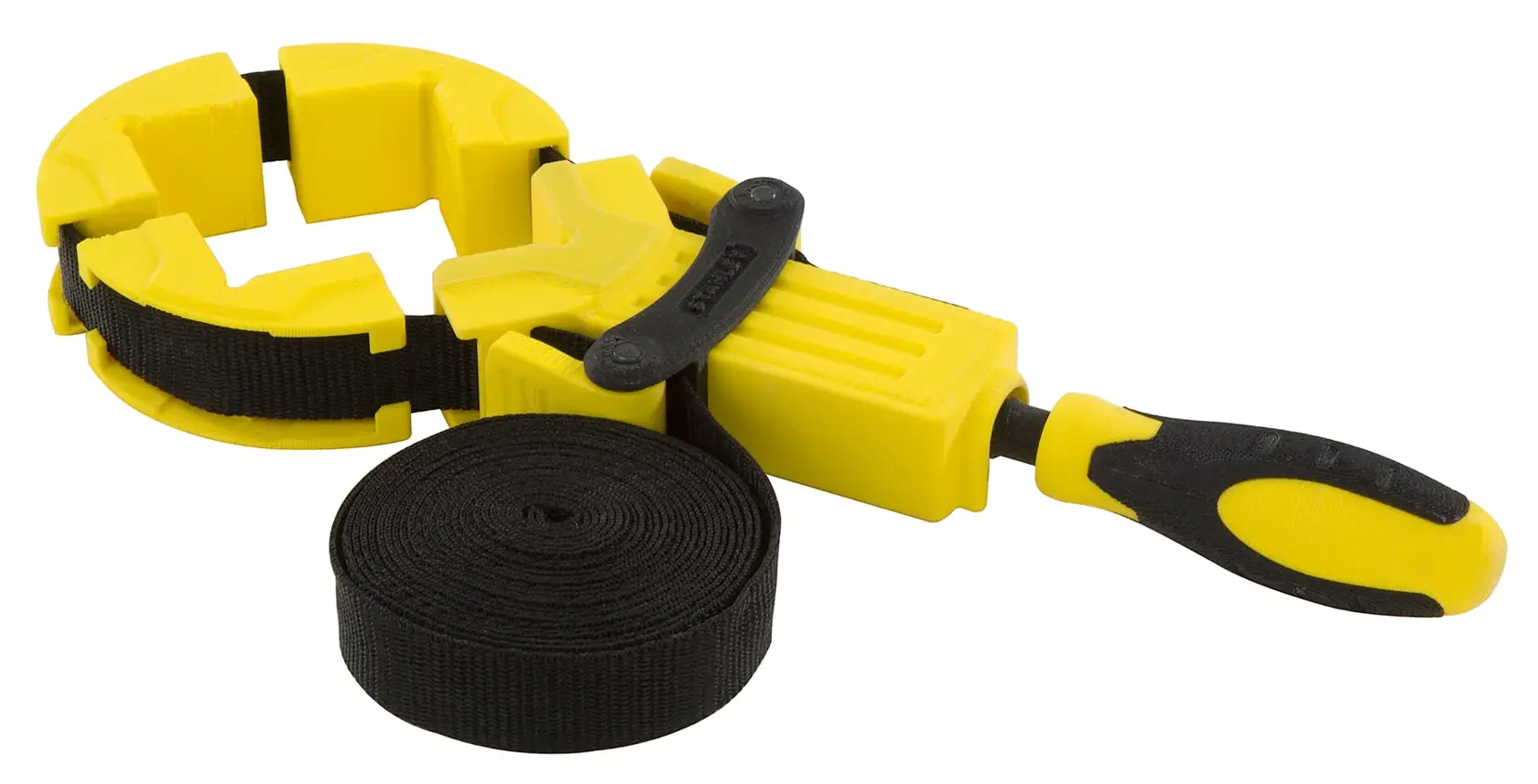 STANLEY 0-83-100 Bandspanner mit gelbem Griff und schwarzem Band, Produktfoto auf weißem Hintergrund.