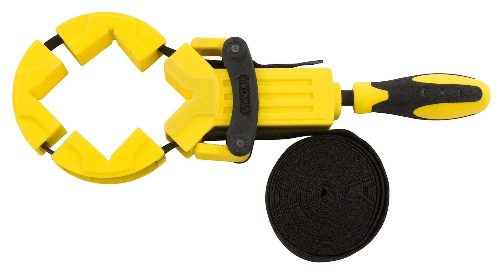 STANLEY 0-83-100 Bandspanner mit schwarzem Gurt, gelb-schwarzer Griff, Draufsicht auf weißem Hintergrund.