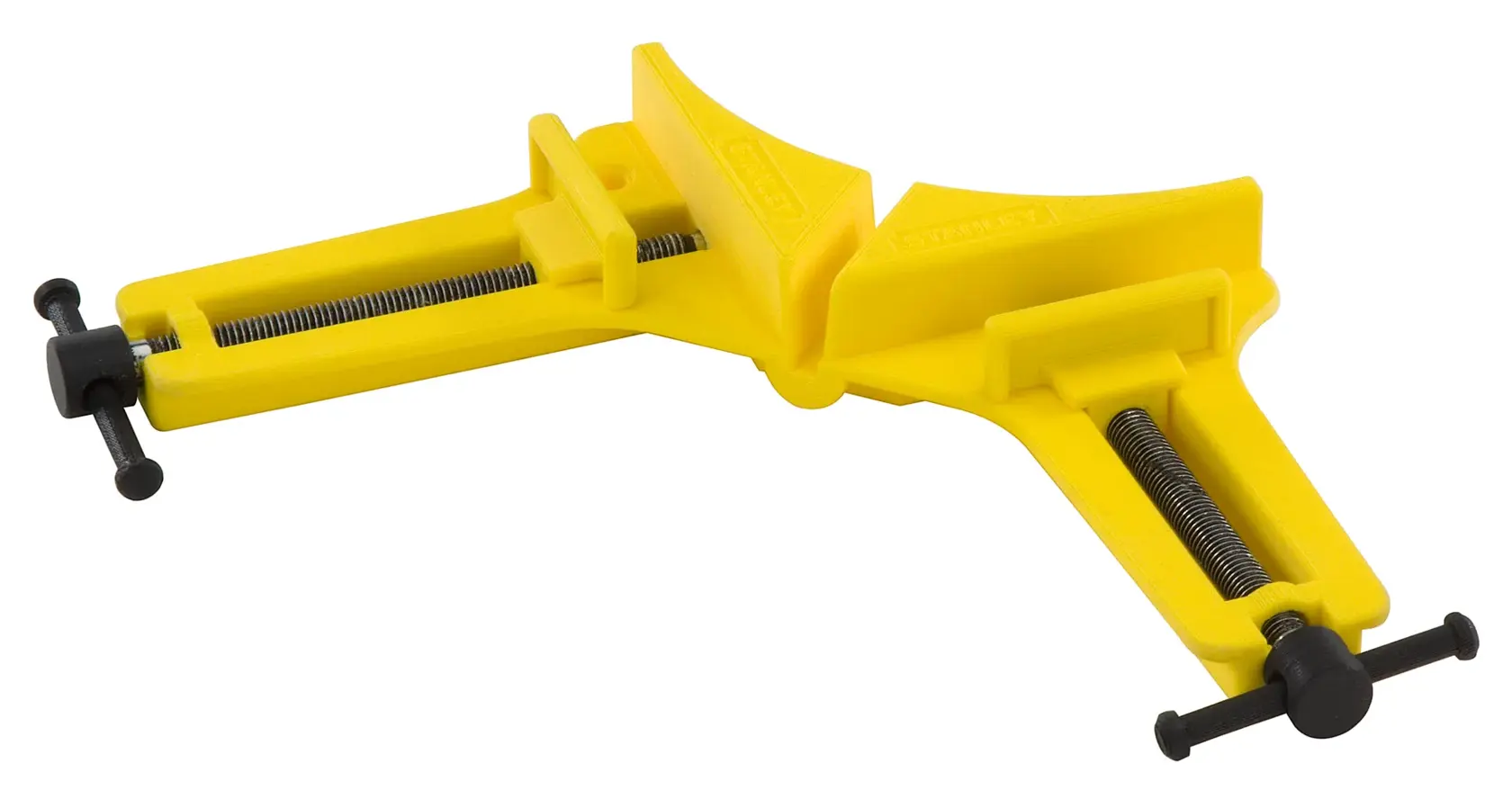 STANLEY 0-83-121 yellow angle clamp for woodworking, side view on white background.