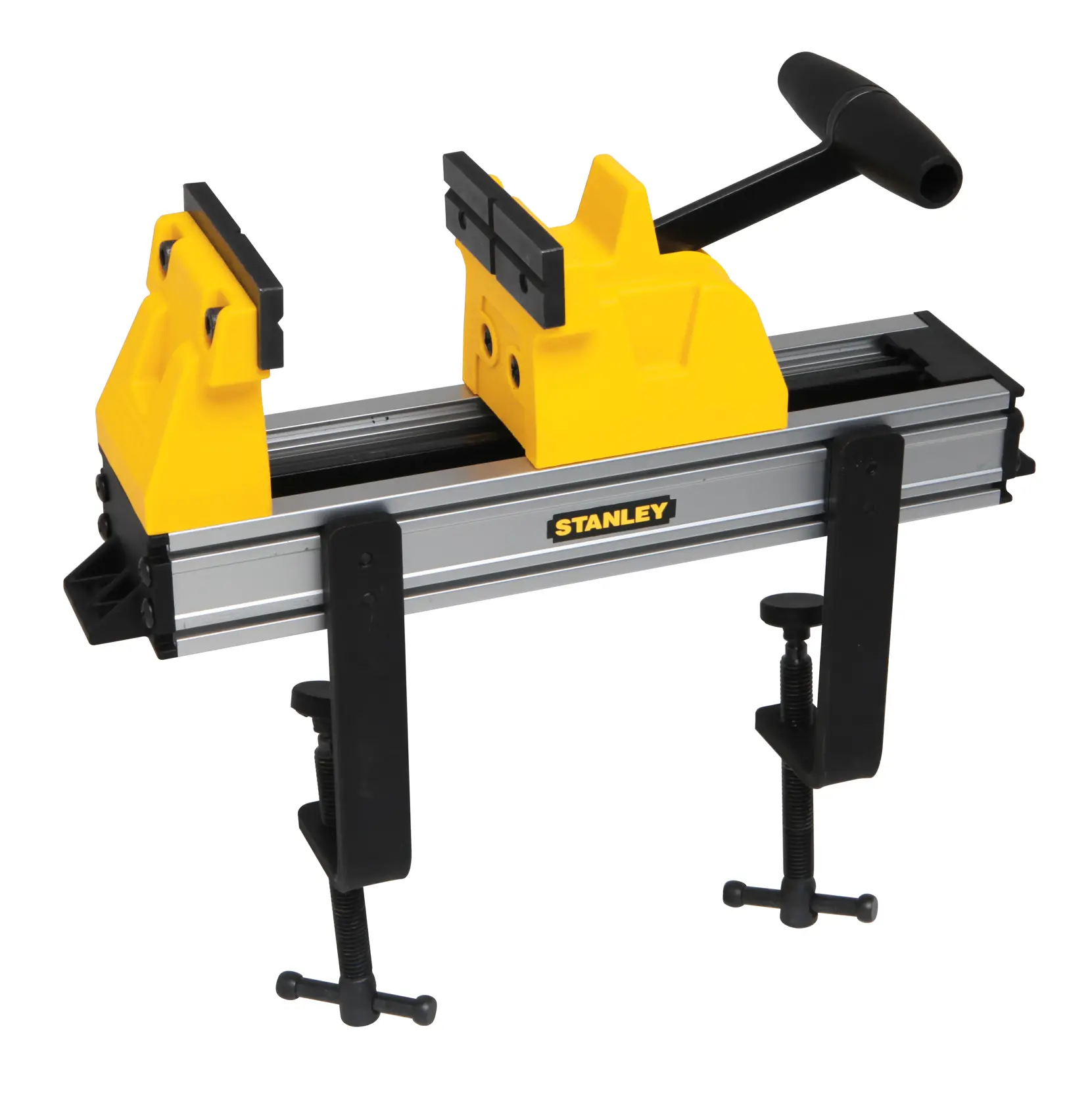 STANLEY mobiler Schraubstock mit gelben Backen und Klemmen zum sicheren Fixieren von Materialien bei der Arbeit.