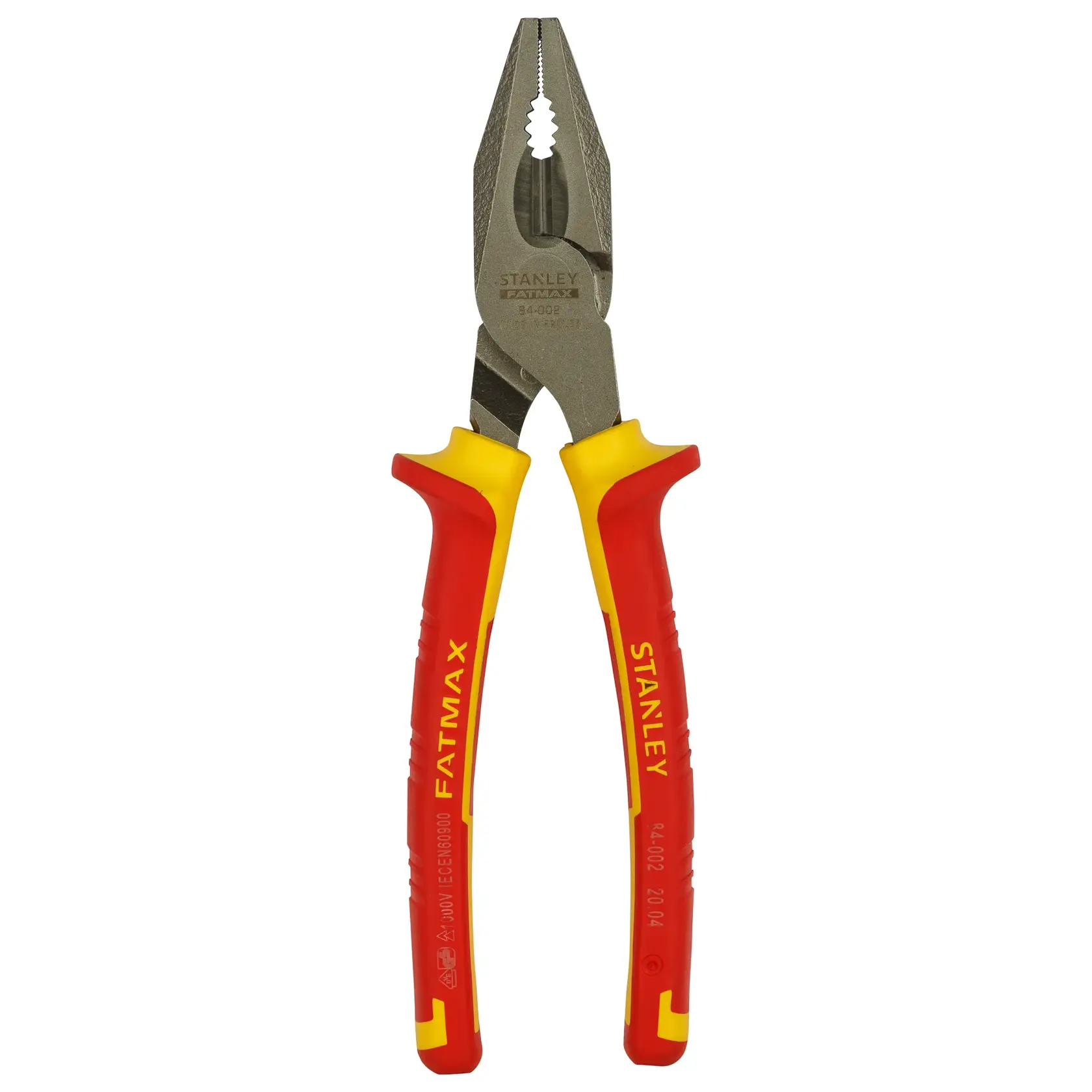 Stanley FatMax 0-84-002 Kombizange mit rot-gelben, isolierten Griffen für Elektroarbeiten.