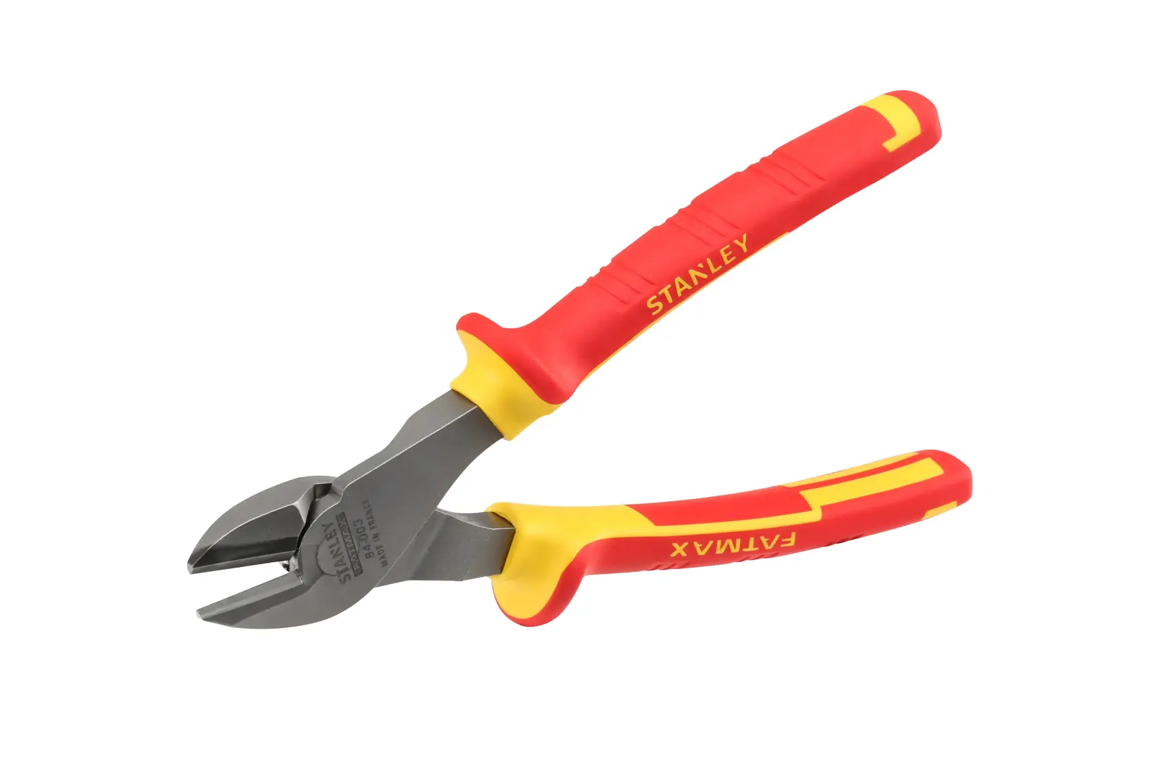 Stanley-Seitenschneider mit rot-gelben isolierten Griffen, ideal für Elektroarbeiten.