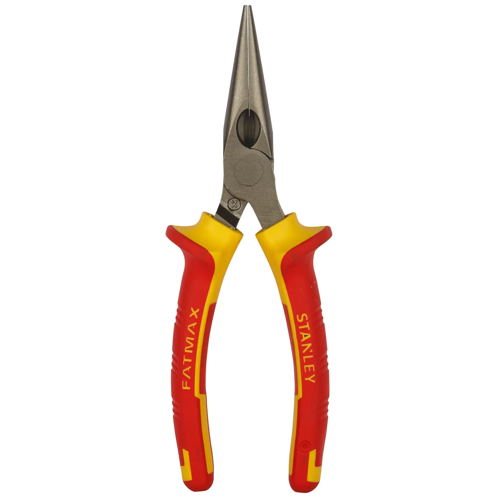 STANLEY 0-84-006 Spitzzange mit roten und gelben isolierten Griffen, Frontansicht, weißer Hintergrund.