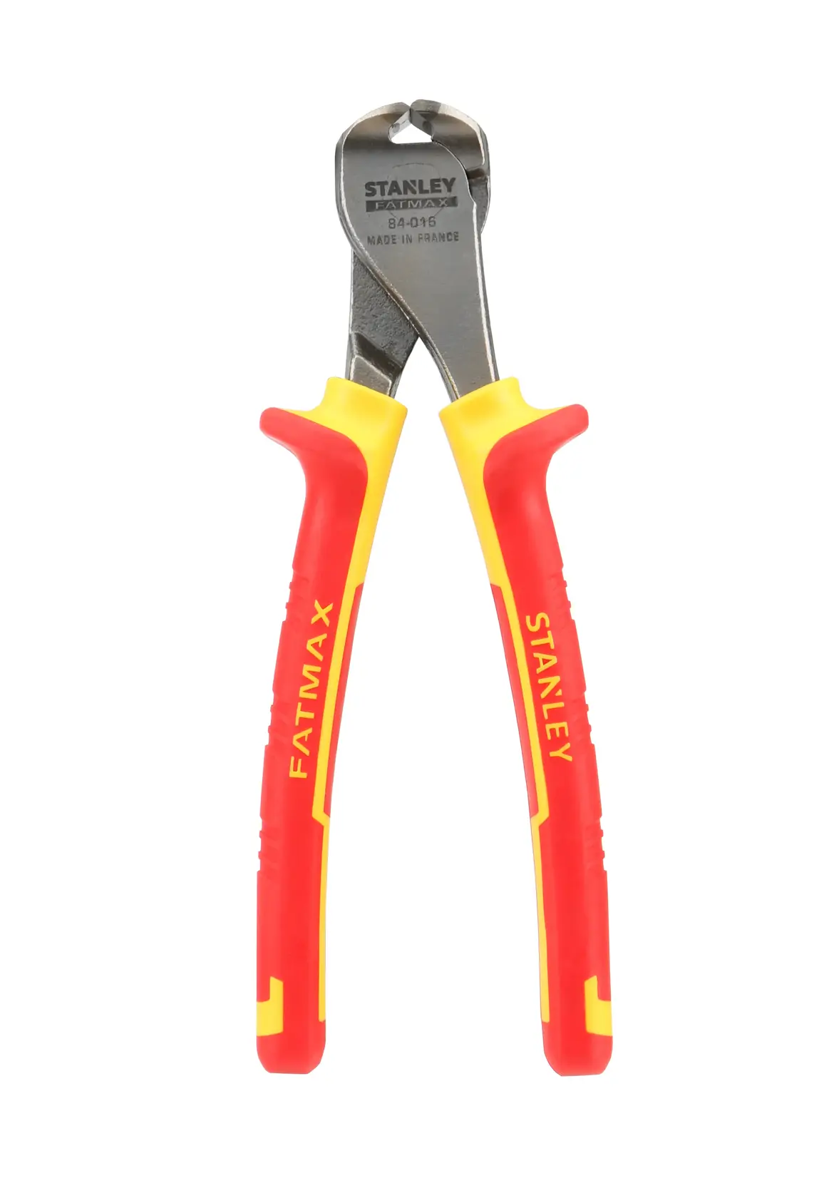Stanley FatMax insulated end cutting pliers with red and yellow handles, suitable for electrical work.