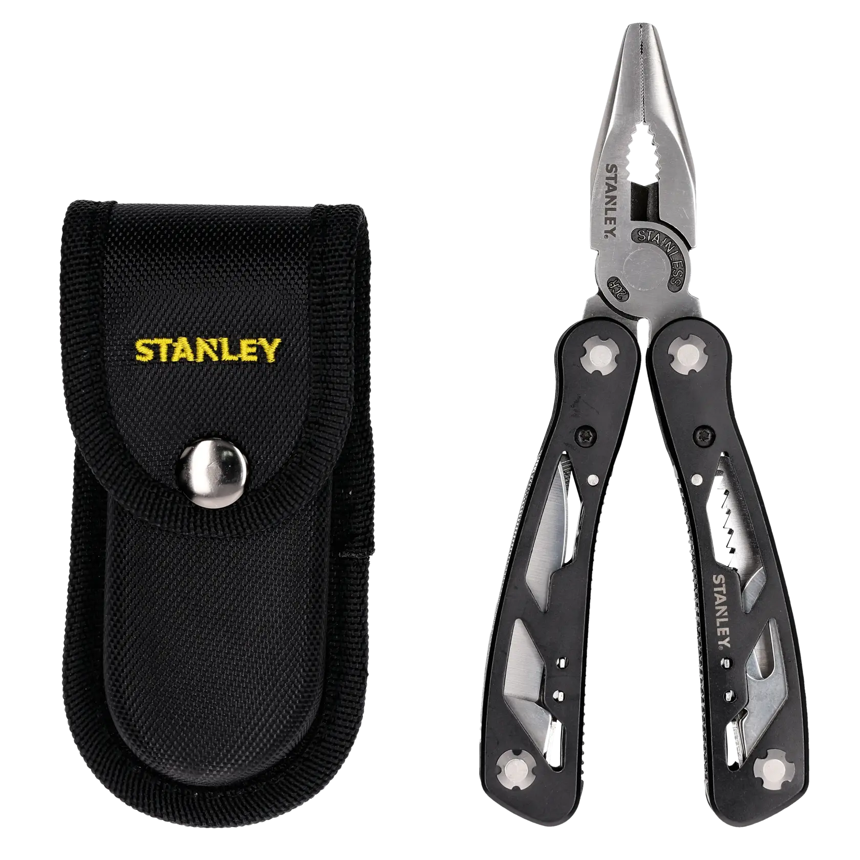 STANLEY 0-84-519 Multifunktionswerkzeug mit Zange, Messer, Schraubendrehern und Werkzeugen, silbernes Finish, Vorderansicht.