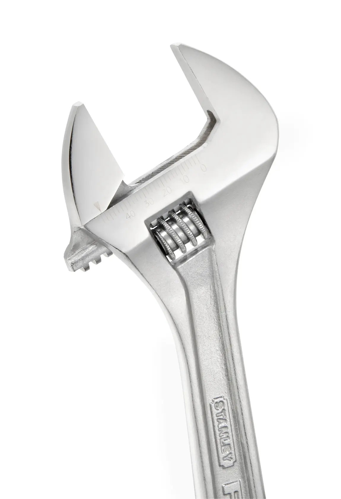 Close-up of a silver adjustable wrench with measurement markings on the jaw, STANLEY brand.