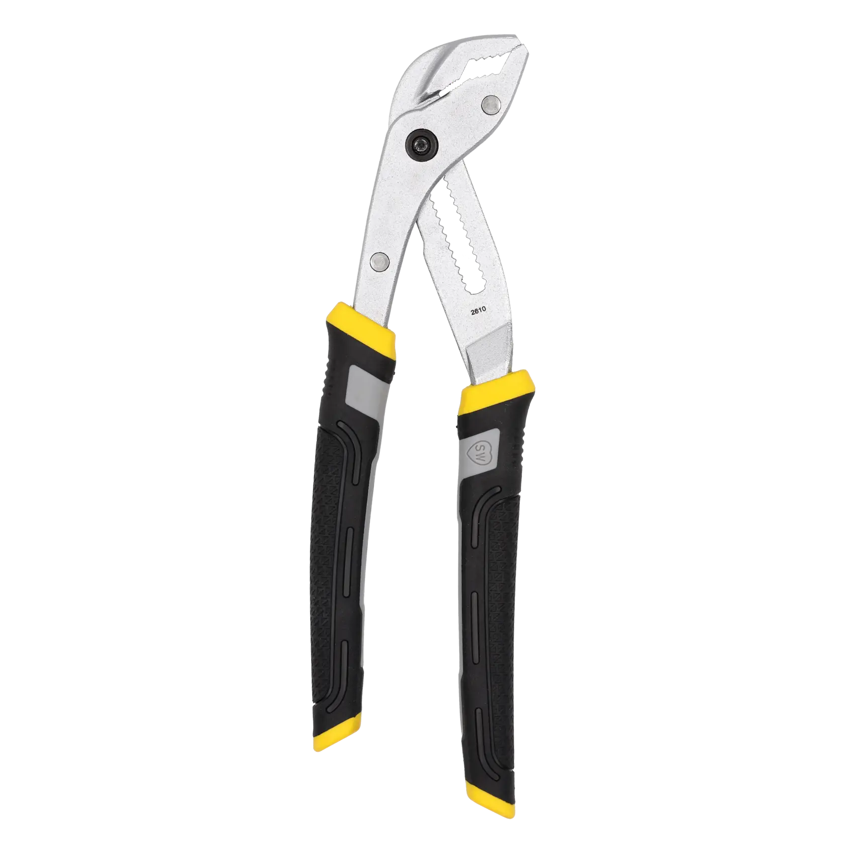 STANLEY 0-84-647 verstellbare Rohrzange, schwarze-gelbe Griffe, Foto aus Frontalansicht.