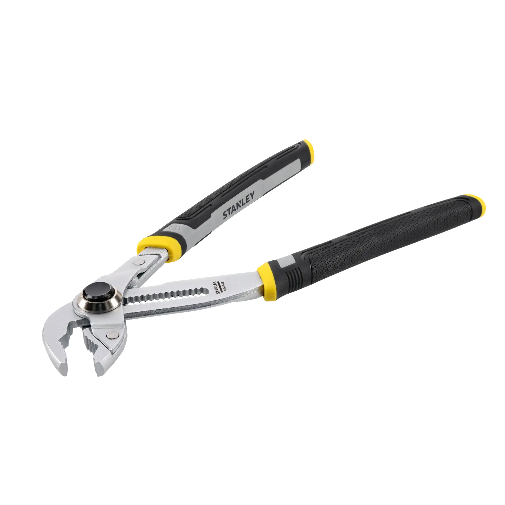 STANLEY 0-84-649 Nut-/Kombizange mit schwarz-gelbem Griff, Seitenansicht auf weißem Hintergrund.
