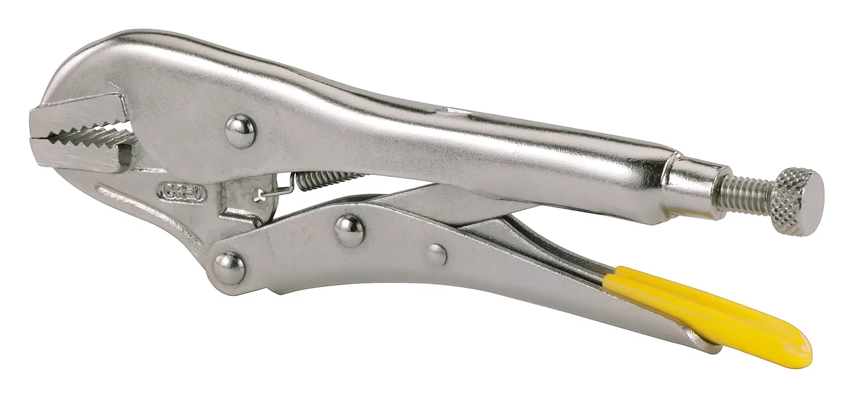 STANLEY 0-84-810 Feststellzange mit Chrom-Finish und gelbem Griff, Seitenansicht des Produkts auf weißem Hintergrund.