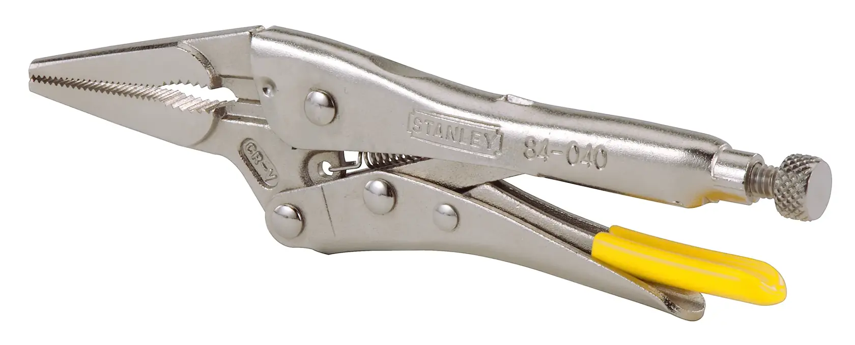 Stanley Langnasen-Zange mit gelbem Griff und Einstellschraube, silbernes Metallfinish.