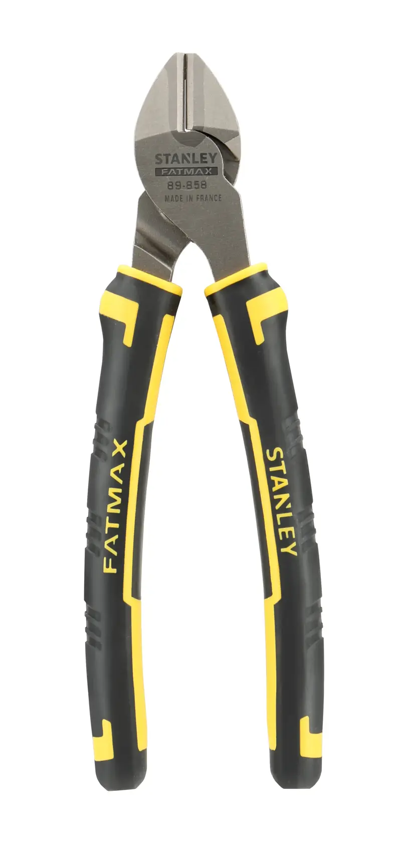 STANLEY SKU 0-89-858 side view of black and yellow diagonal cutting pliers with ergonomic handles.