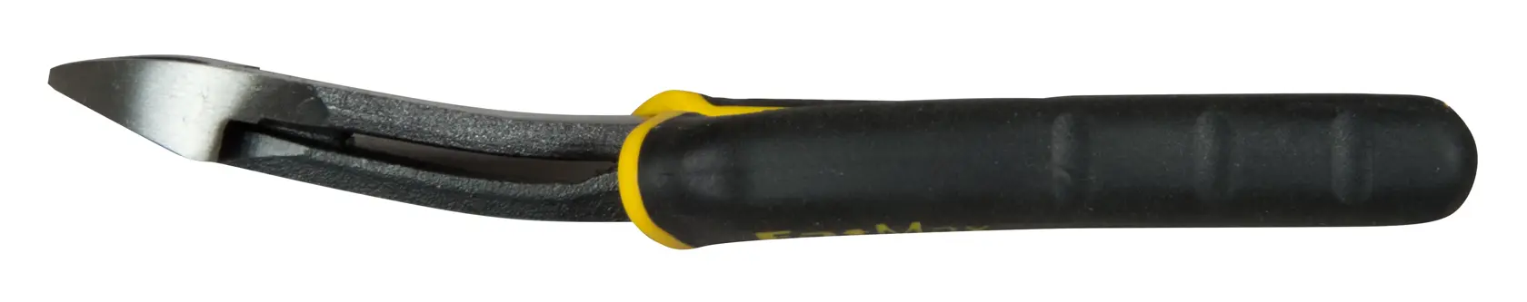 Gebogene schwarze Zange mit gelbem Akzent, zum Greifen oder Schneiden kleiner Objekte.