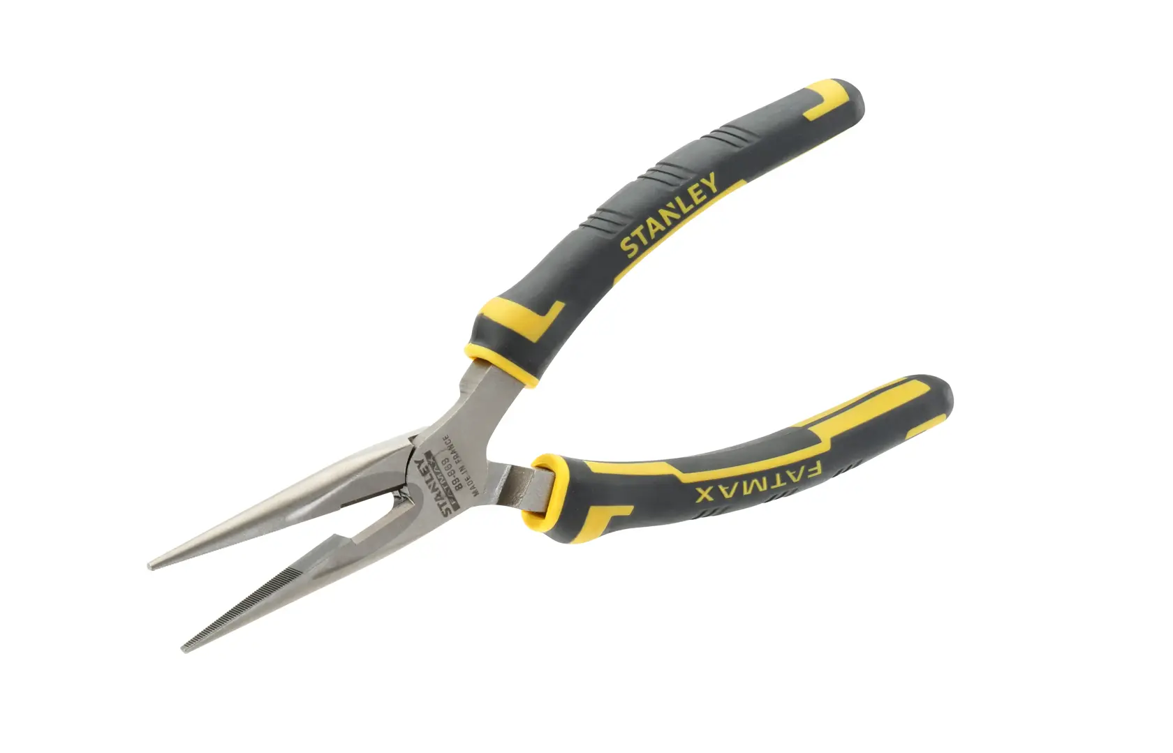 Stanley long nose pliers with black and yellow grip handles, used for precision tasks and bending wires.