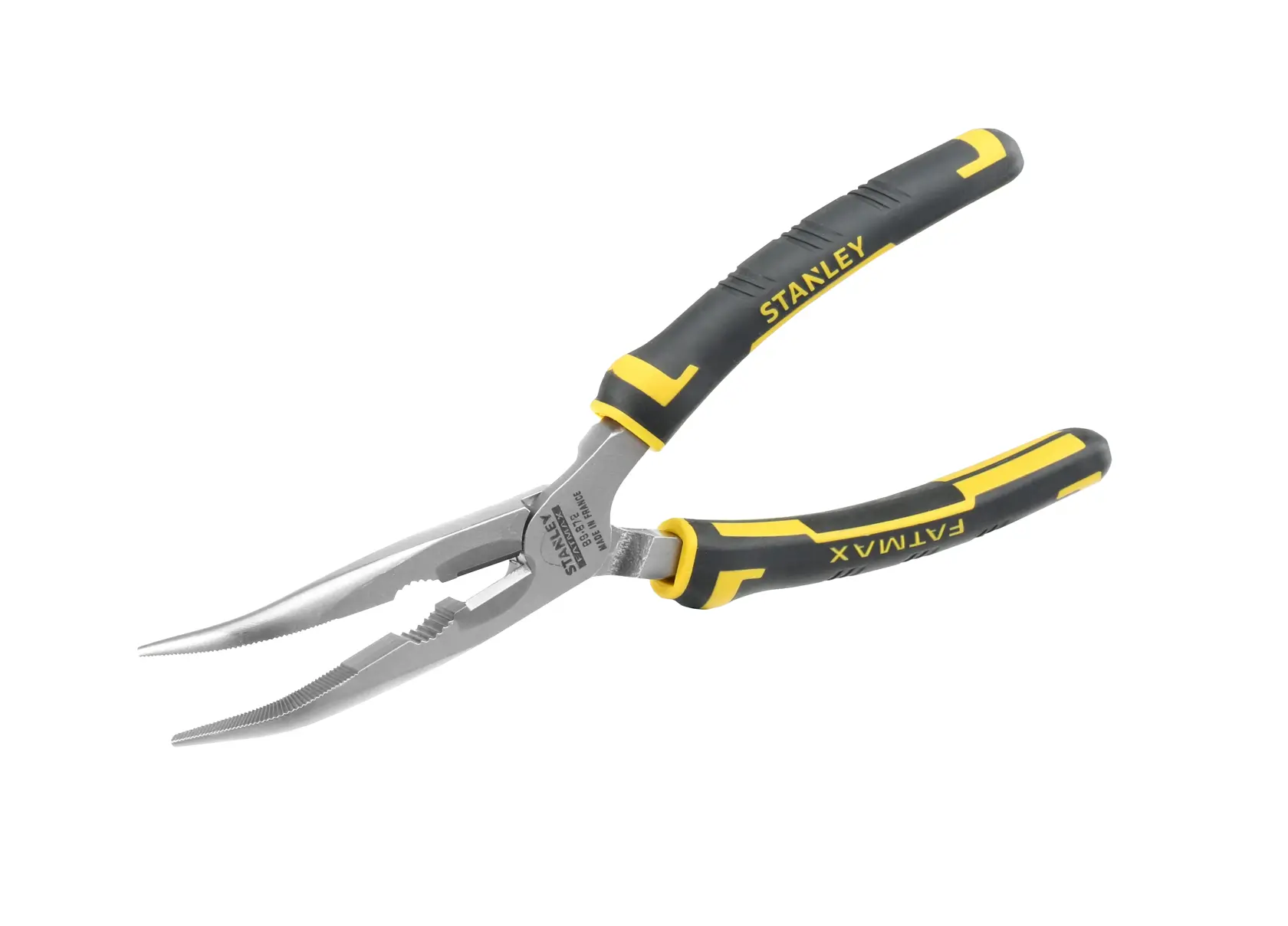 STANLEY 0-89-872 long nose pliers with black and yellow ergonomic handles, side angle on white background.