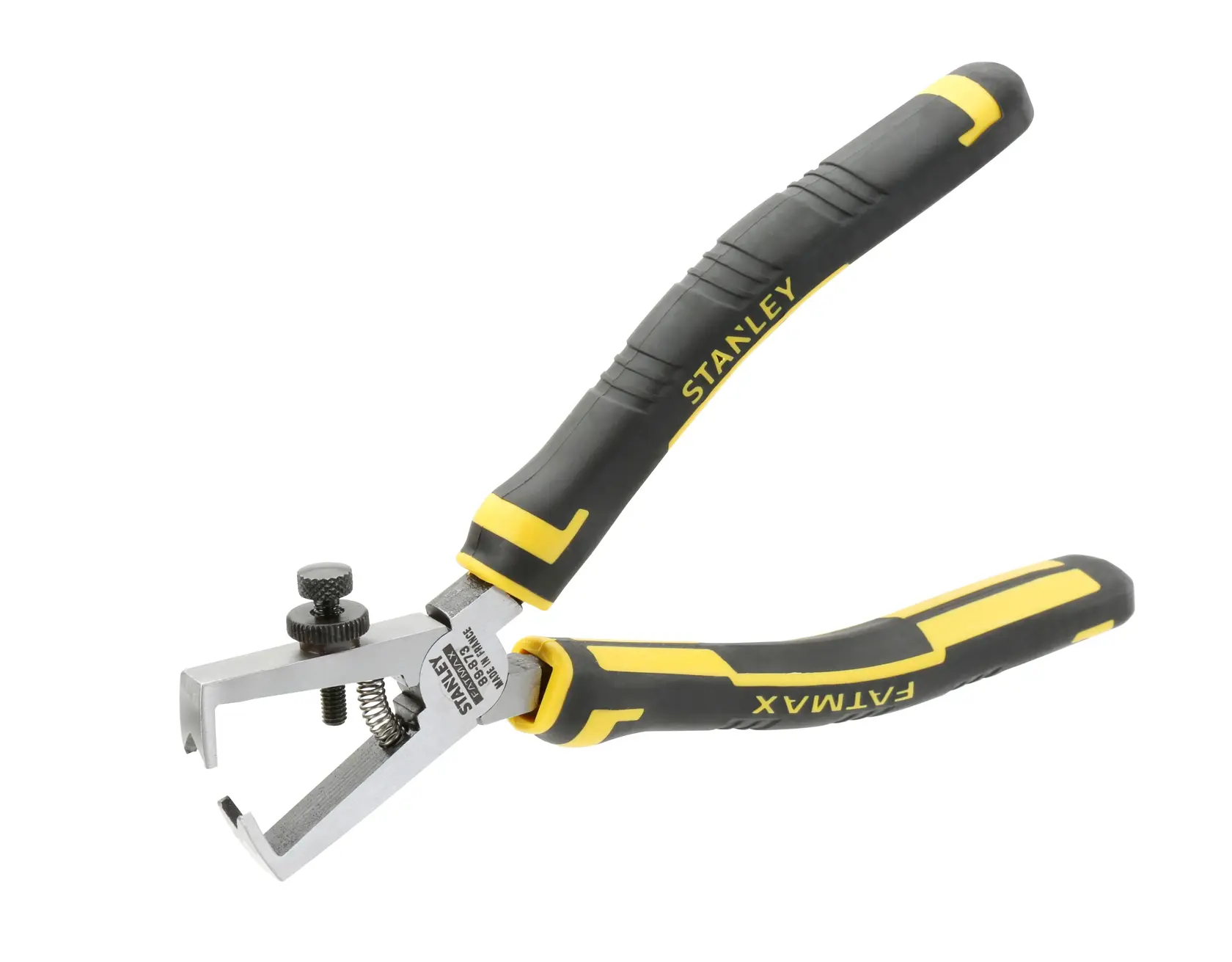 Stanley wire stripper tool with black and yellow handles, suitable for electrical work and cable stripping tasks.